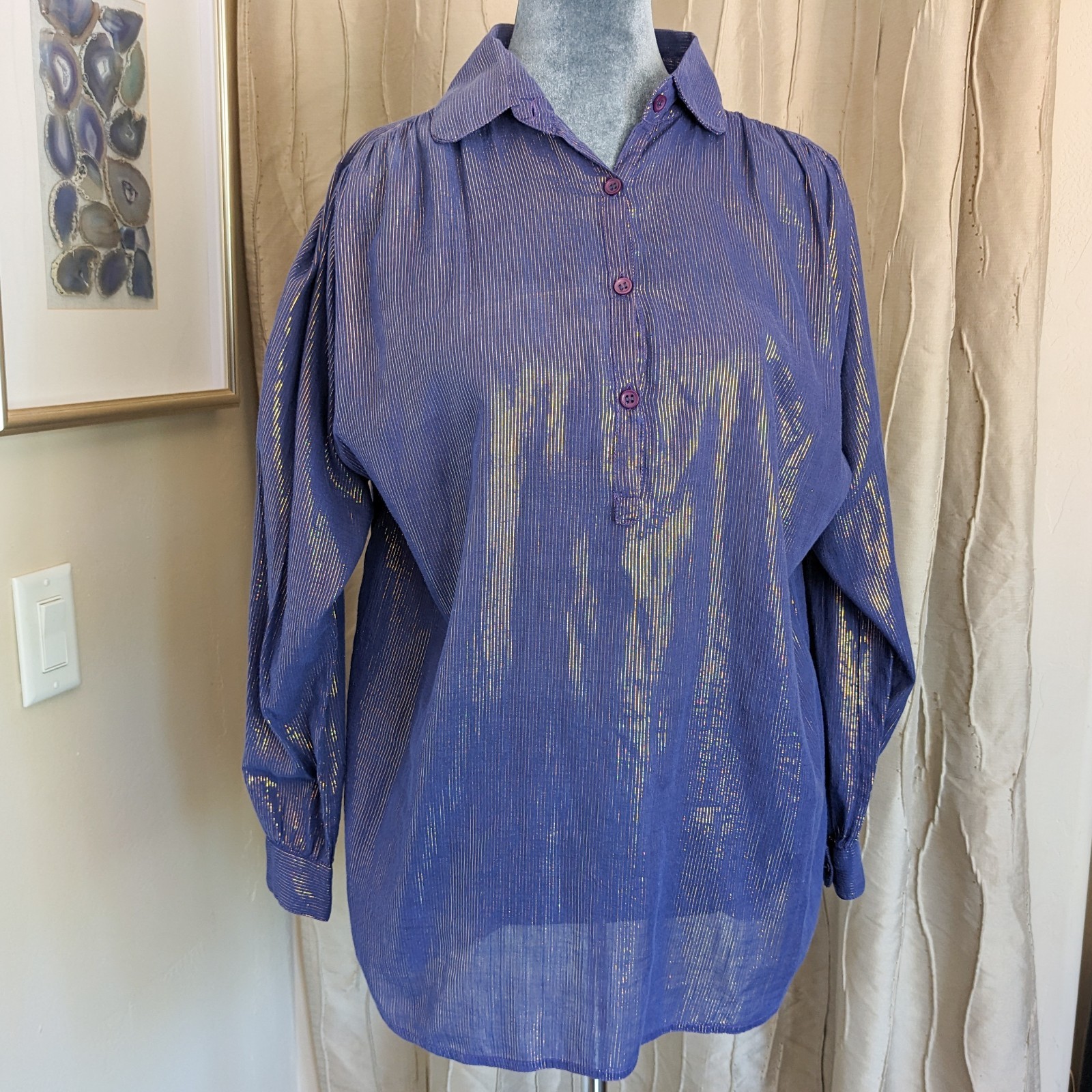 VTG 80s Metallic Gold Stripe Cotton Voile Blouse 14/L Purple Button Up Top India