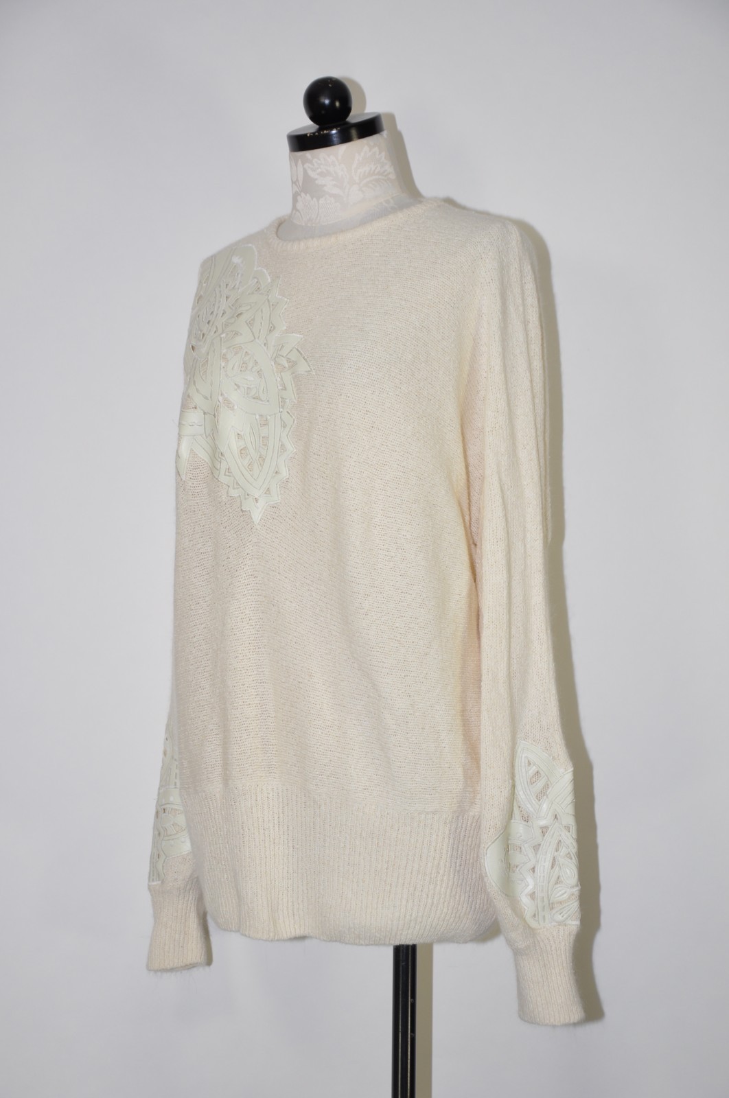 90s Vintage Off White Fuzzy Silk Angora Leather Cutout Crewneck Sweater Women XL