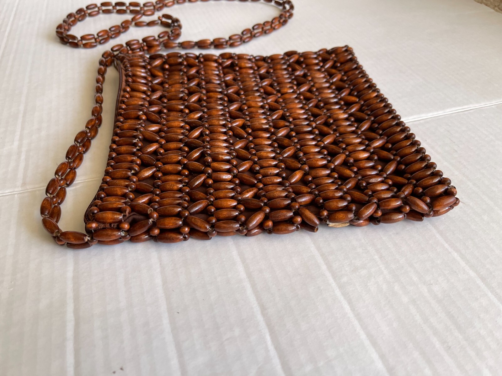 Vintage Scala Wooden Beaded Shoulder Bag Fabric Lining Inner Zip Pocket 9″x9″
