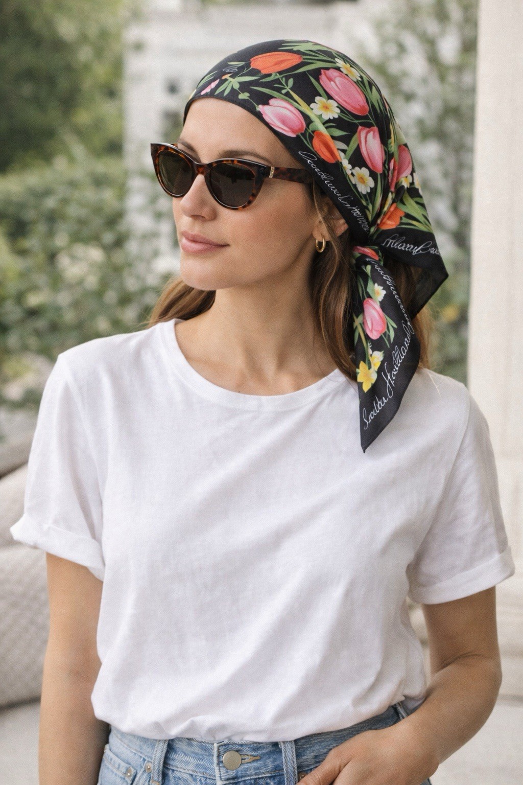 Vintage Holland Floral Scarf 30×30 Tulip Print Black Square Head Neck