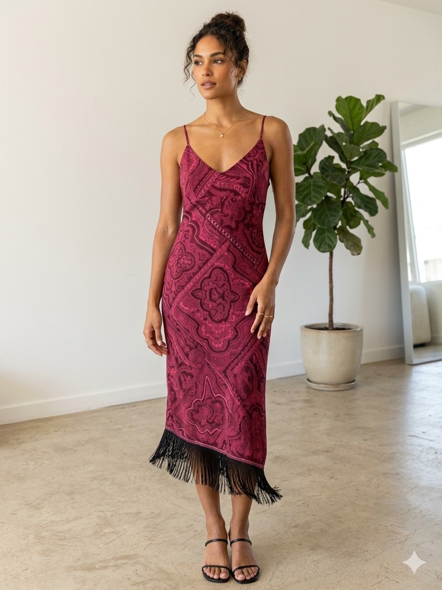 Vintage 90s Dawn Joy Velvet Paisley Slip Dress Asymmetric Fringe Whimsigoth 3/4