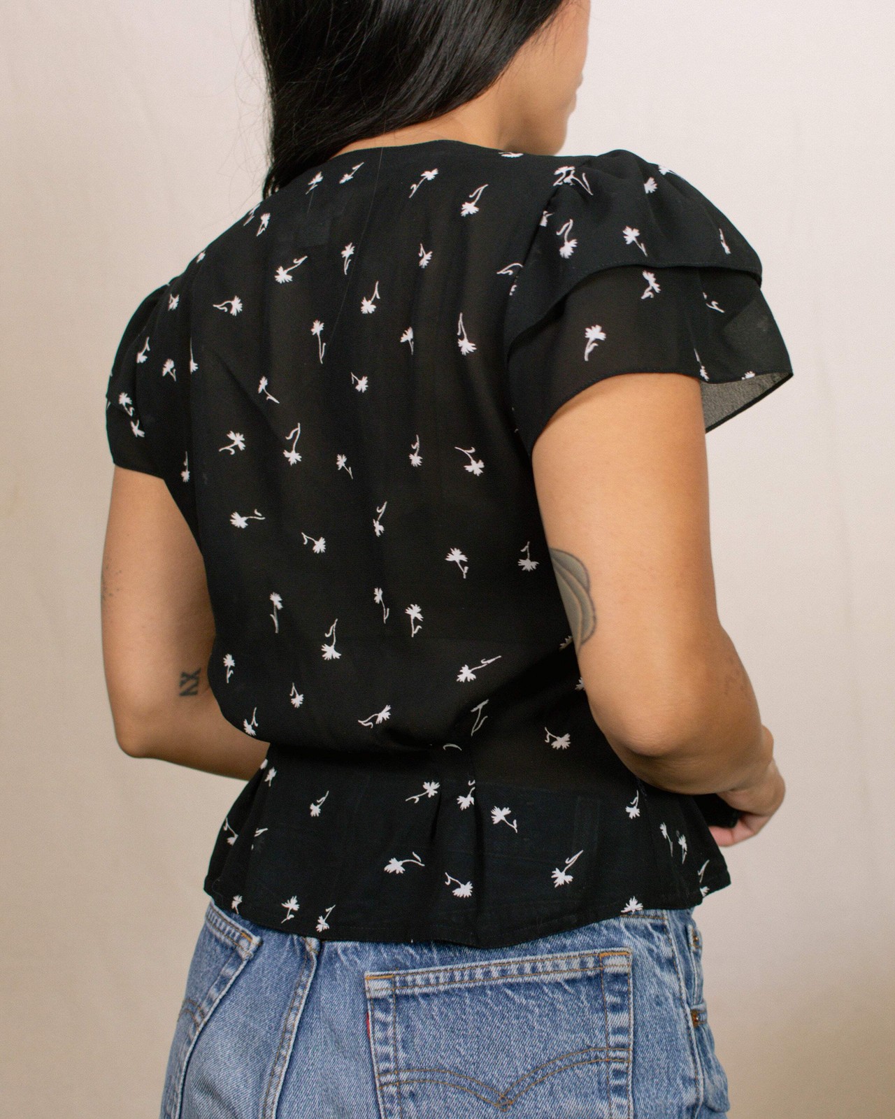 Vintage 70s Black Floral Button Down Blouse | Size XS-S