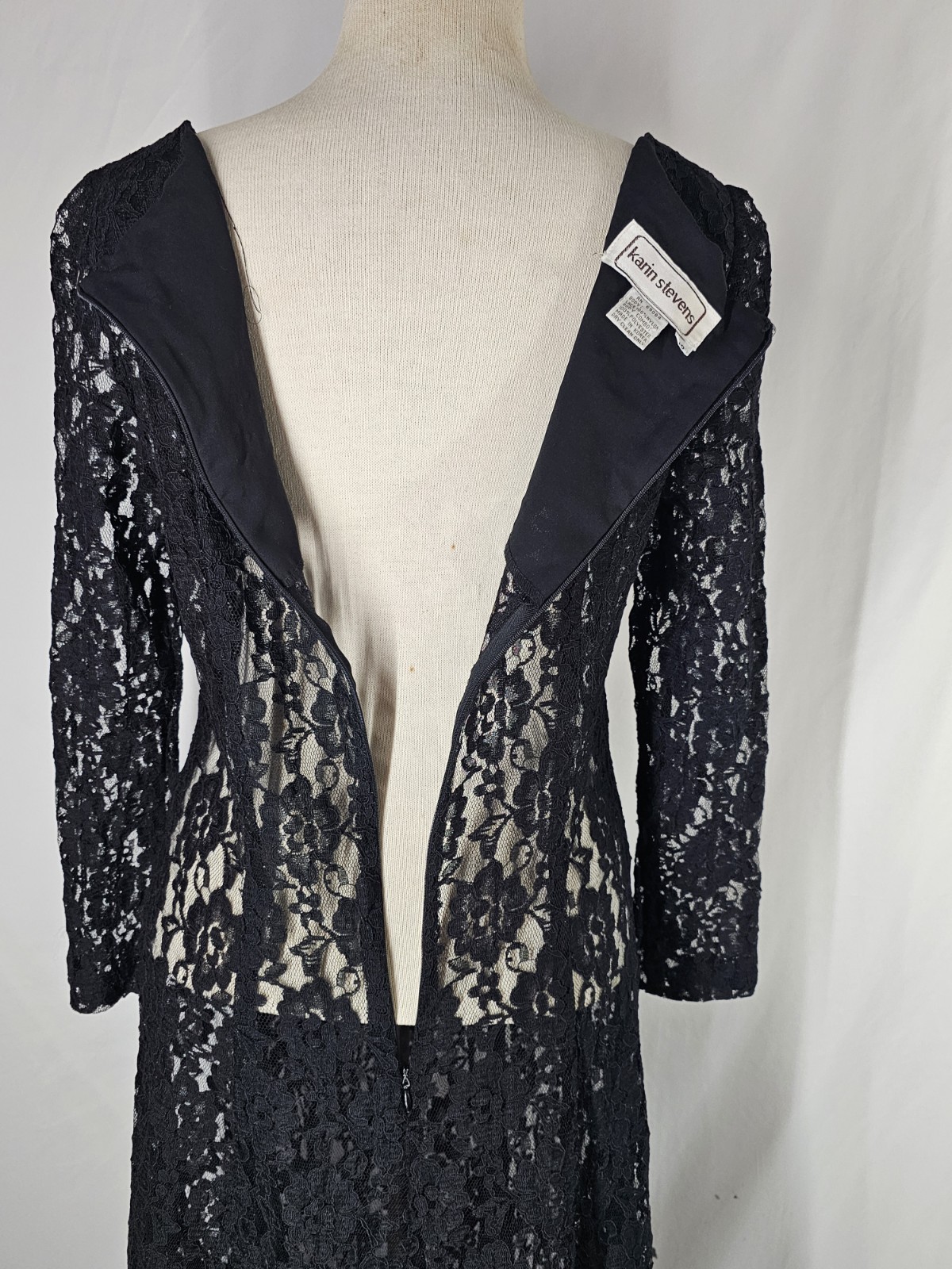 Vintage Karin Stevens Black Lace Dress Nude Illusion Bow Long Sleeve Midi