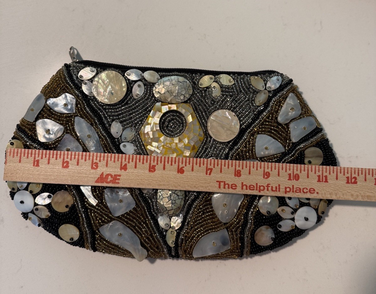 Handmade Beaded Mother of Pearl Shell Evening Clutch Purse Black Art Deco Boho