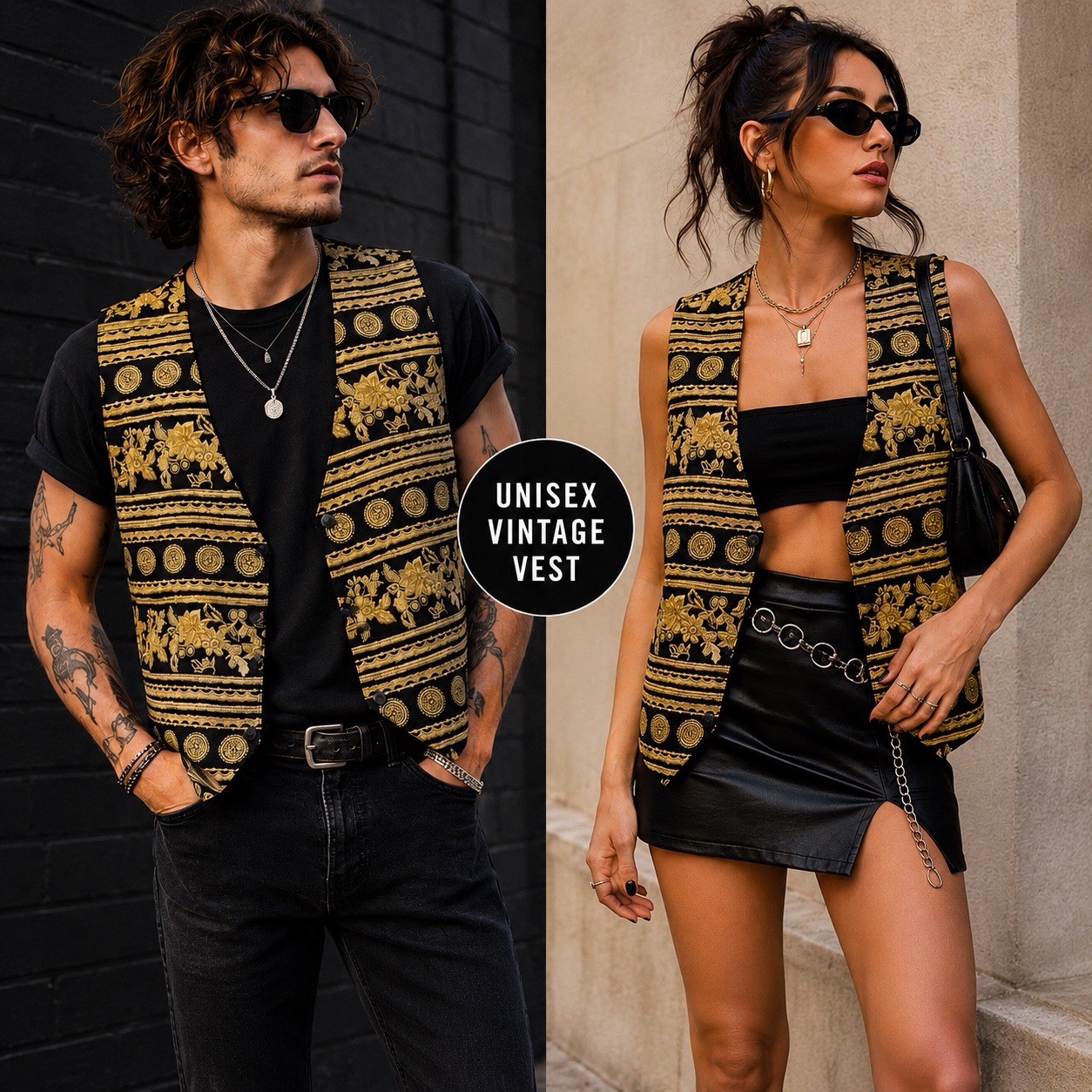 VTG 80s 90s Baroque Print Vest Unisex Black + Gold Boho Festival Grunge Rayon L