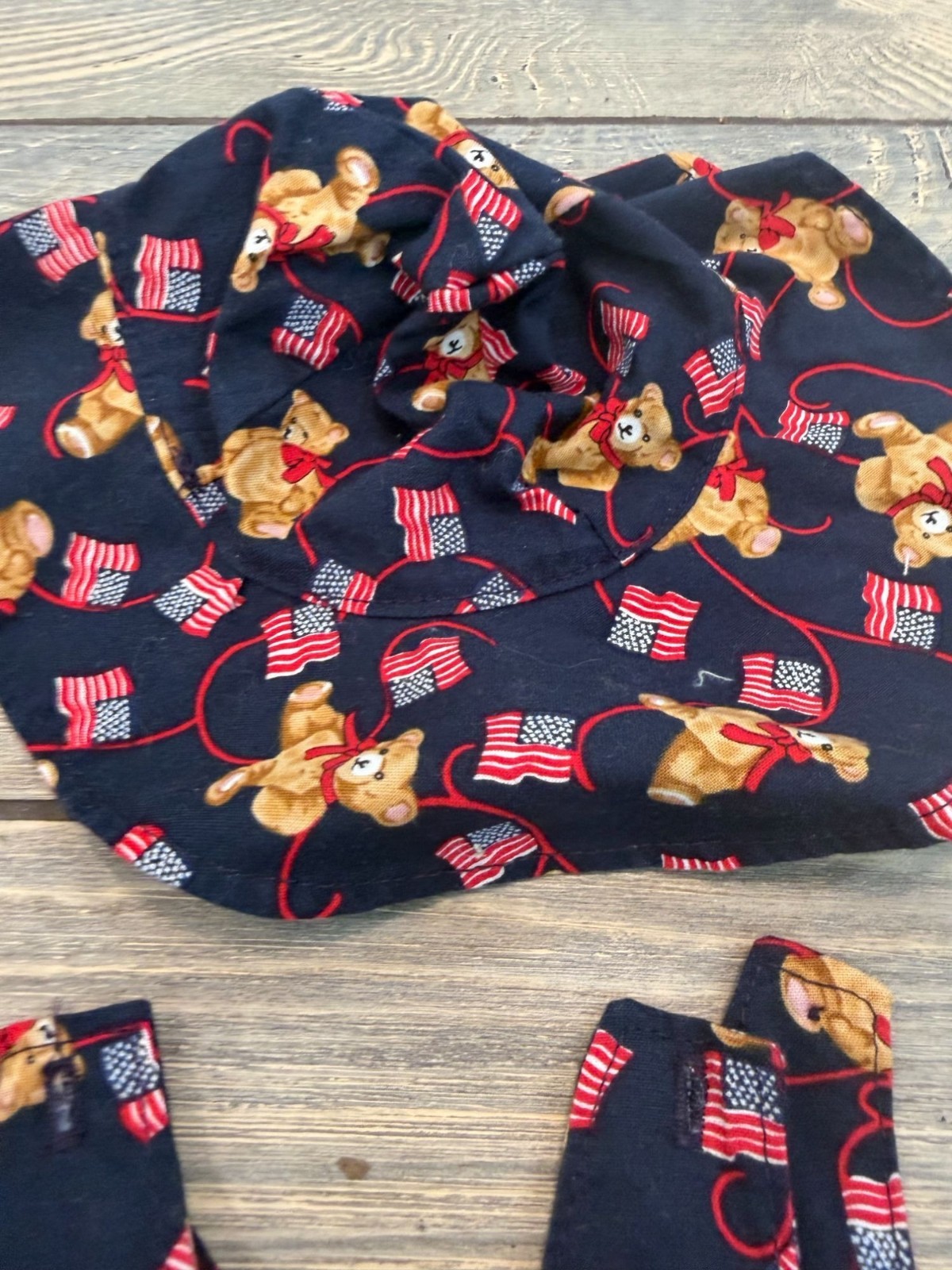 15″ Baby Doll Patriotic Dress & Hat Set Teddy Bear & Flag Print Navy Red White