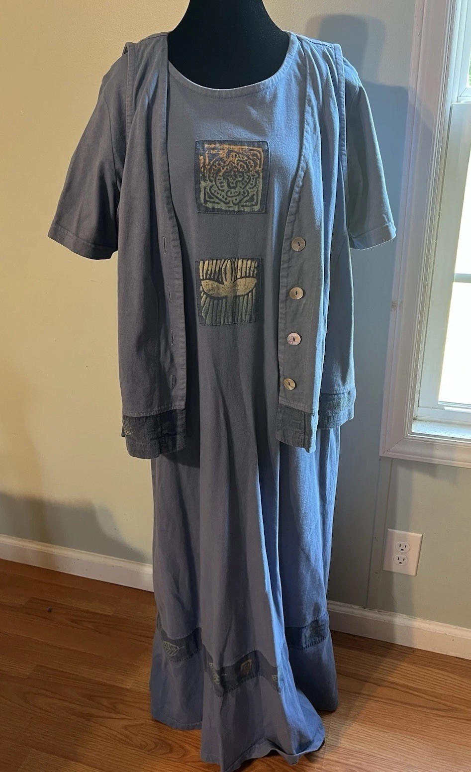 Vintage Blue Cactus Dress 90s Y2K 100% Cotton Linen Large Painted Graphic