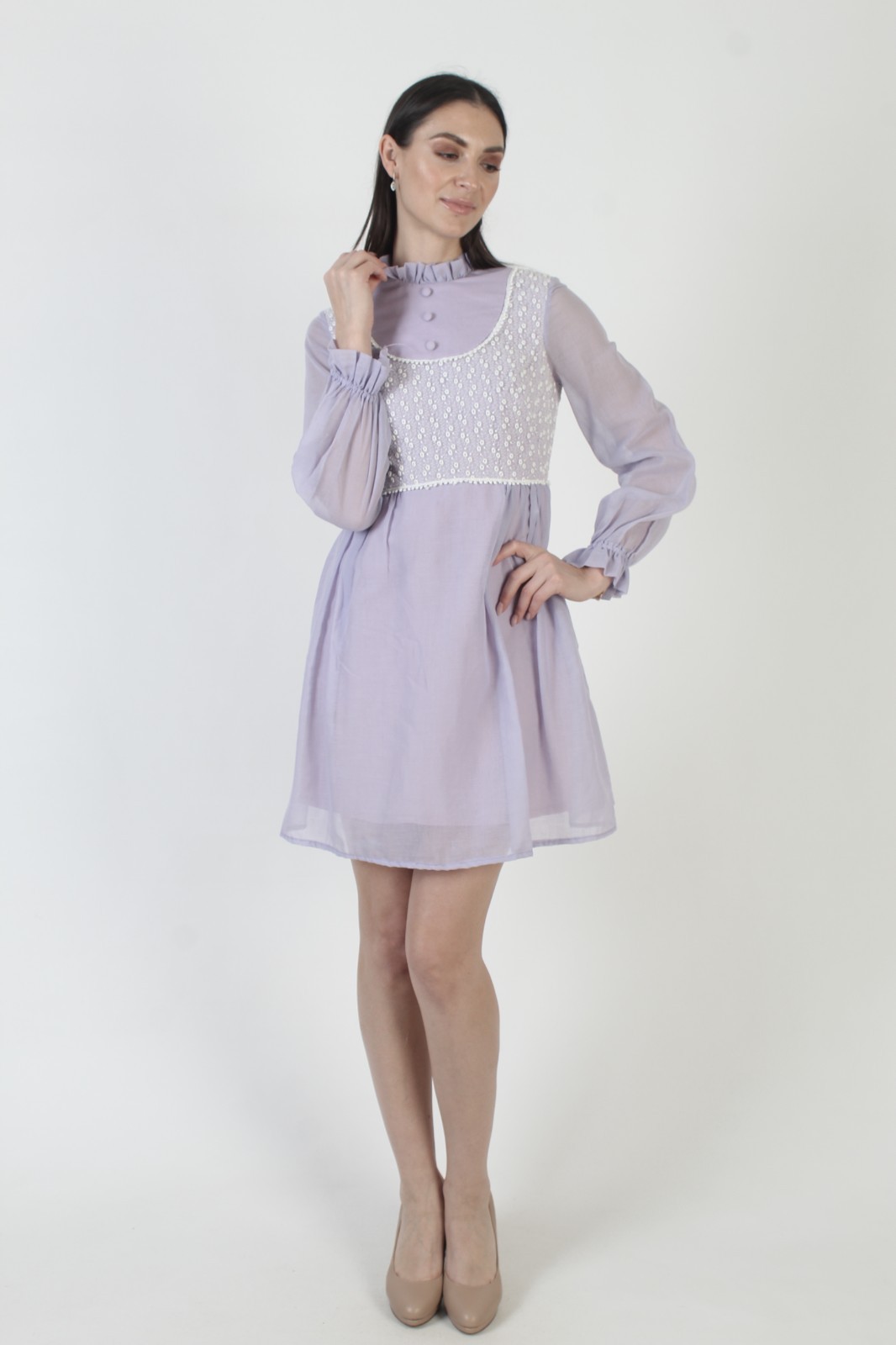 Vtg Purple High Waist Dress White Crochet Mod Scooter Pastel Violet Micro Mini