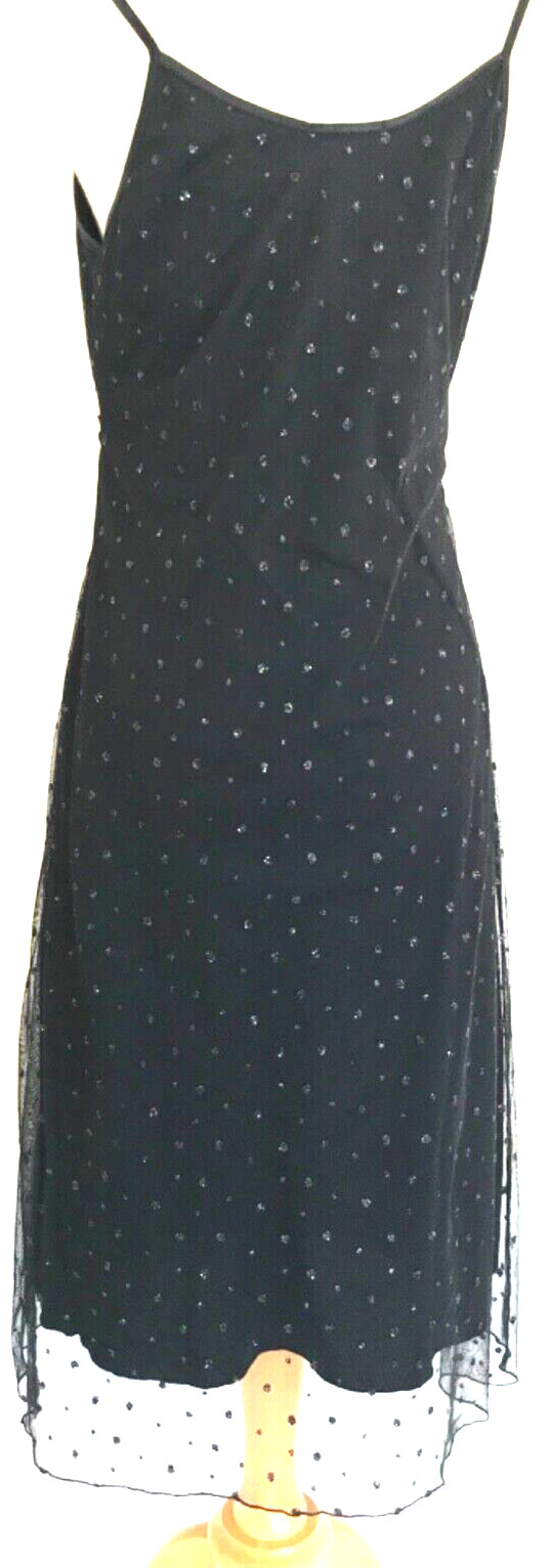 Y2K Black Fairy Slip Dress Maxi Midi Bebe L 90s Grunge Sparkle 1990s Goth Sexy