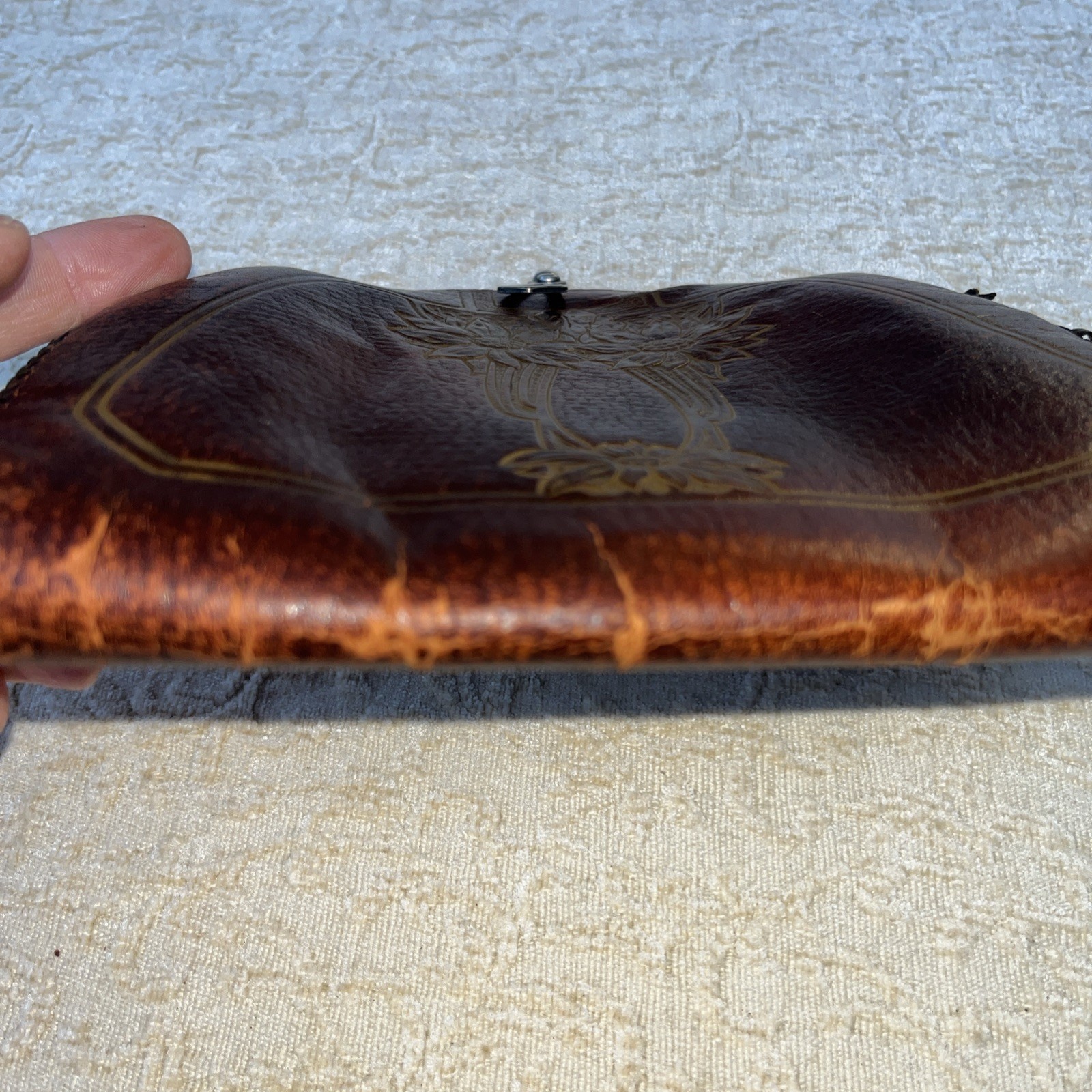 Vintage Tooled LEATHER BROWN Purse Embossed Nice Patina Nouveau Strap See Pics