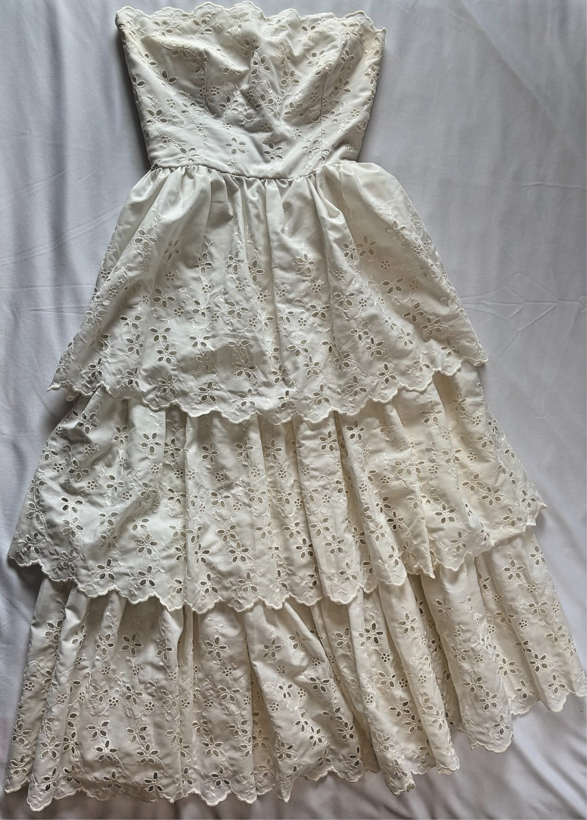 Vintage Alfredo Angelo Strapless Eyelet Lace Dress Tiered Cottagecore Prairie