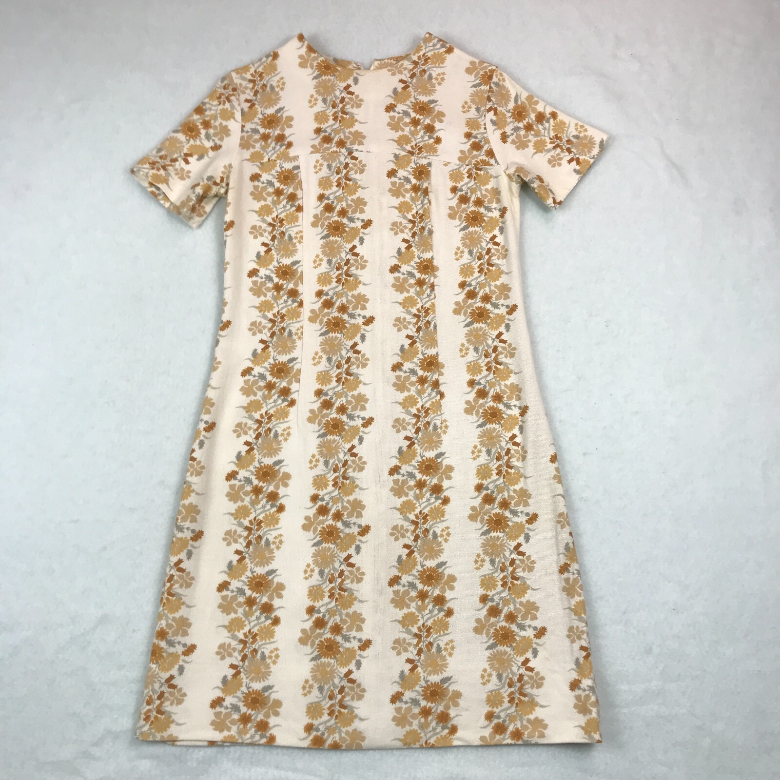 Vintage 70s Dress Womens Small Handmade Sheath Cream Floral Woven Mod Boho