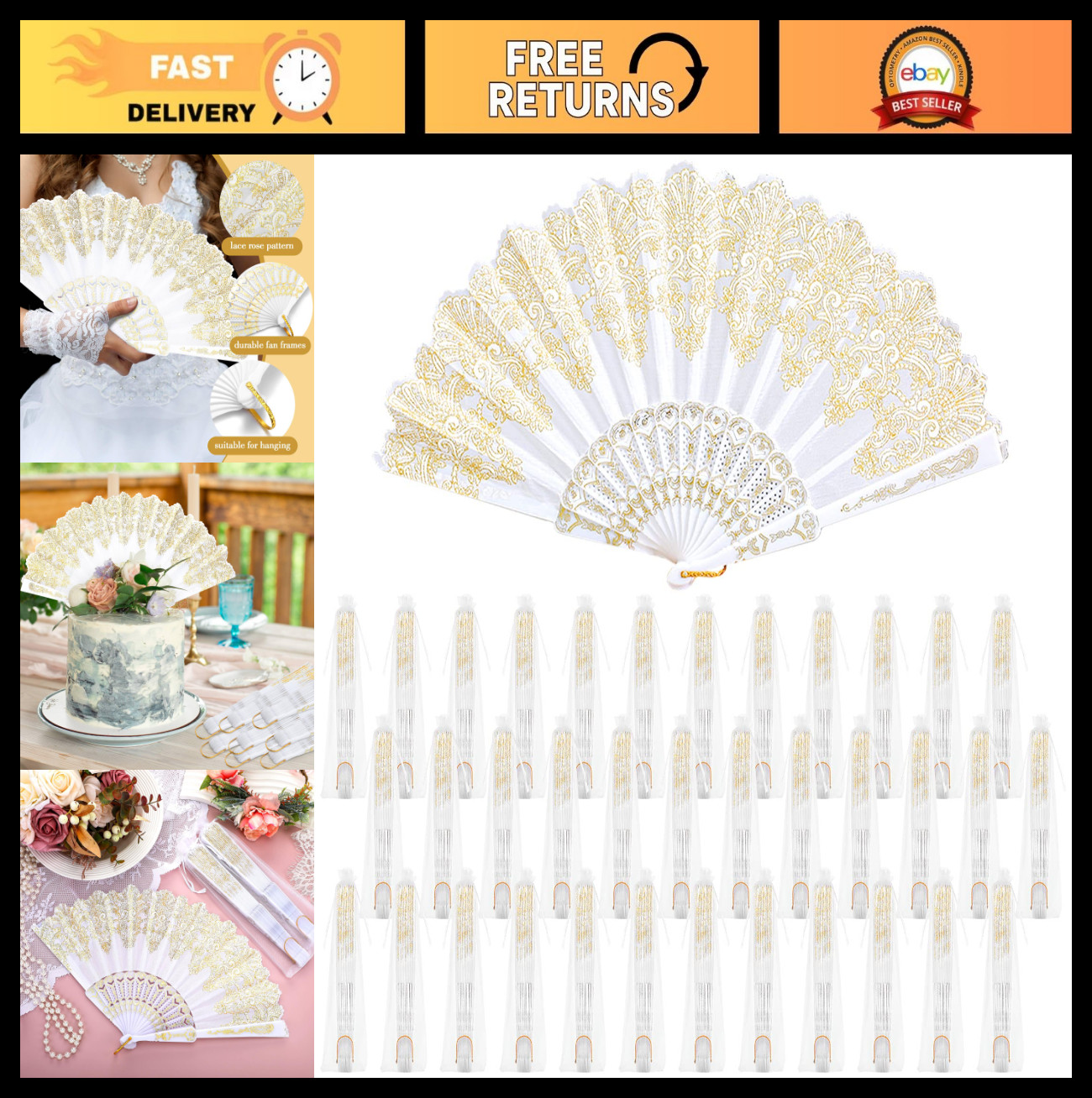 50 Pcs Lace Hand Fans for Weddings, Parties & Dancing – Bulk with Organza Bags