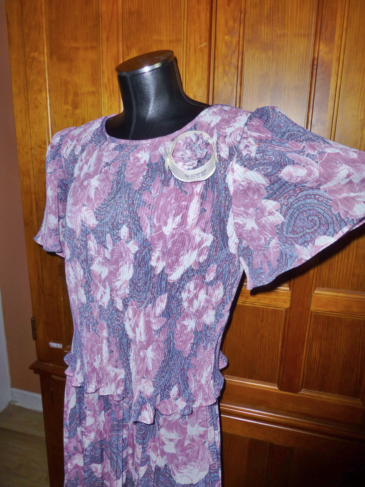 New VTG 70s Micro Pleat Mauve Rose Floral print Boho Cocktail Secretary DRESS ML