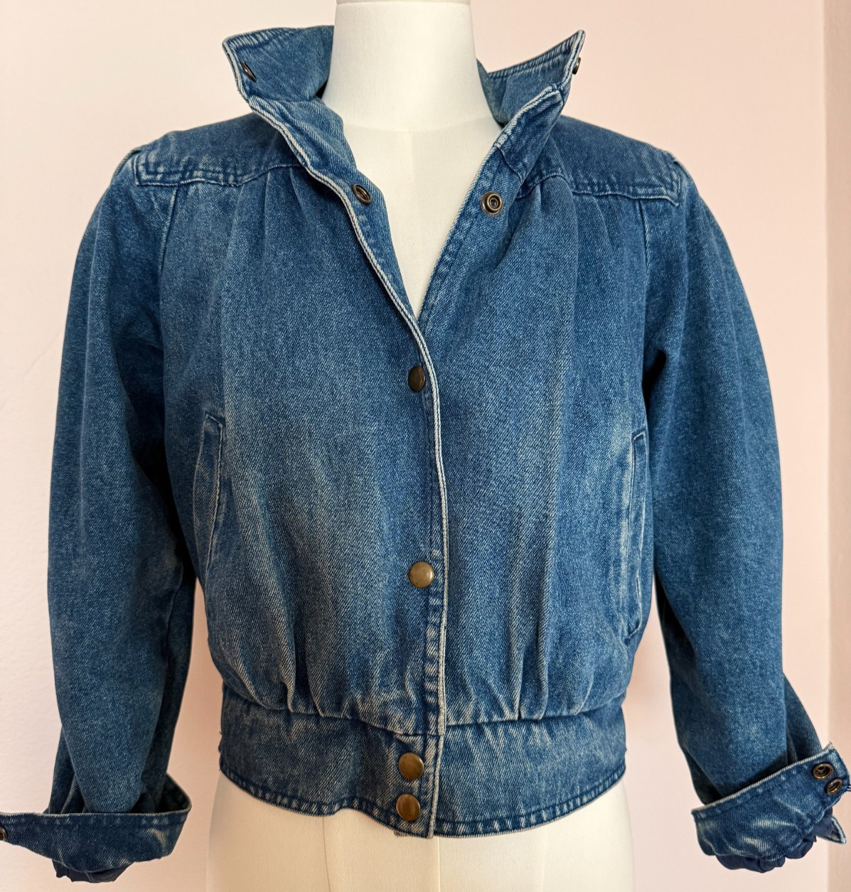 Vintage 80s Denim Puff Sleeve Jacket Cropped Cinched Waist Lined Insulated XS