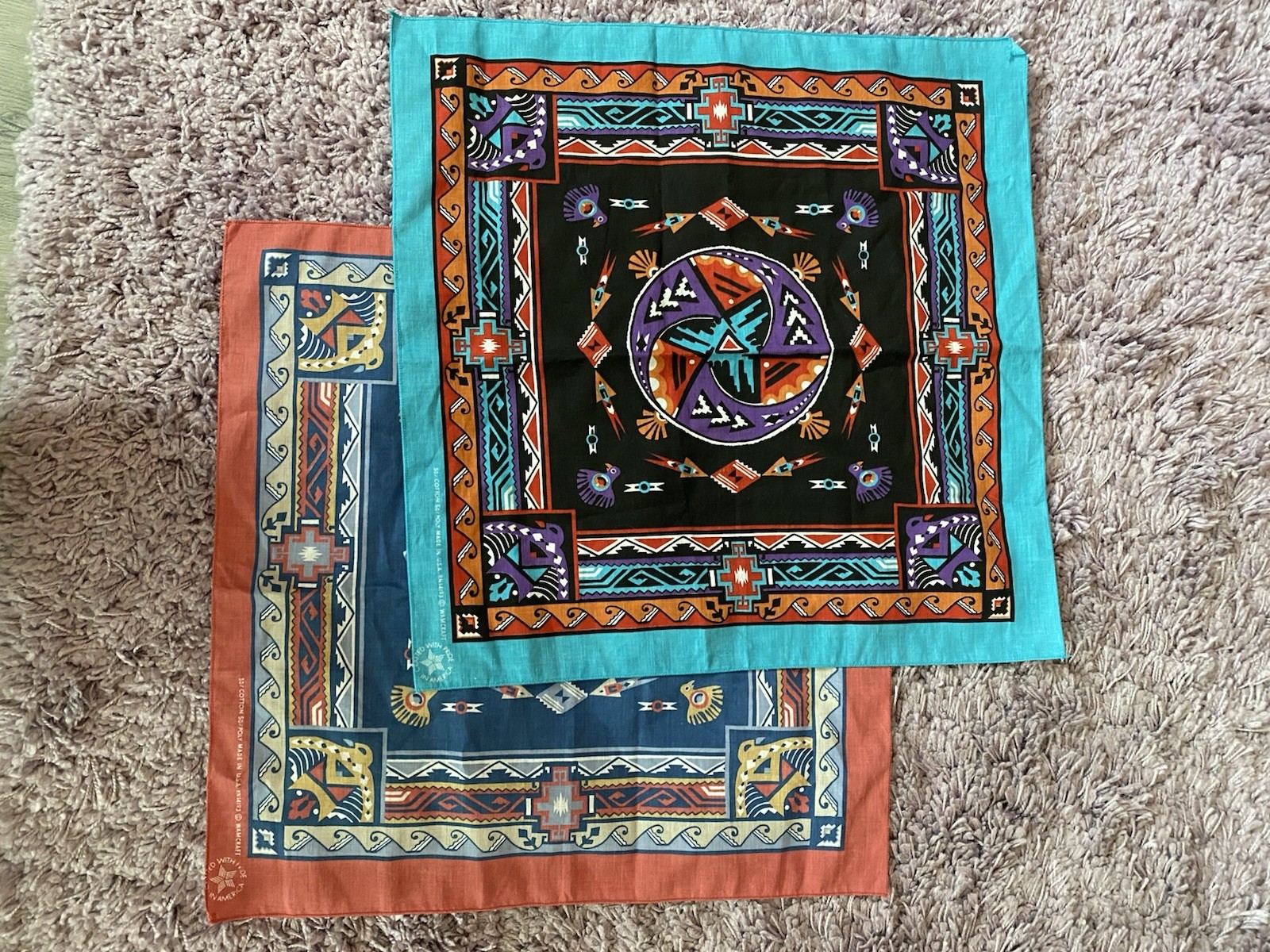 2 Vintage Wamcraft Southwestern Aztec Bandanas Made in USA Turquoise Tribal