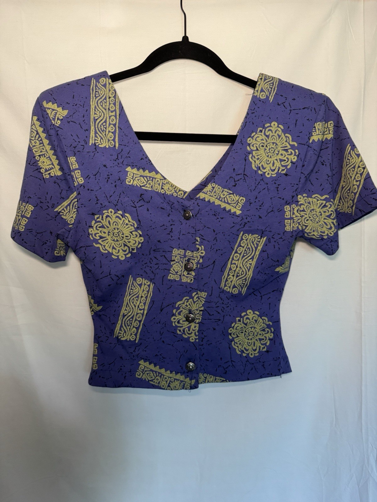 Vintage 90s IN2 Crop Top Womens Small Purple Green Batik Cotton V-Neck Made USA