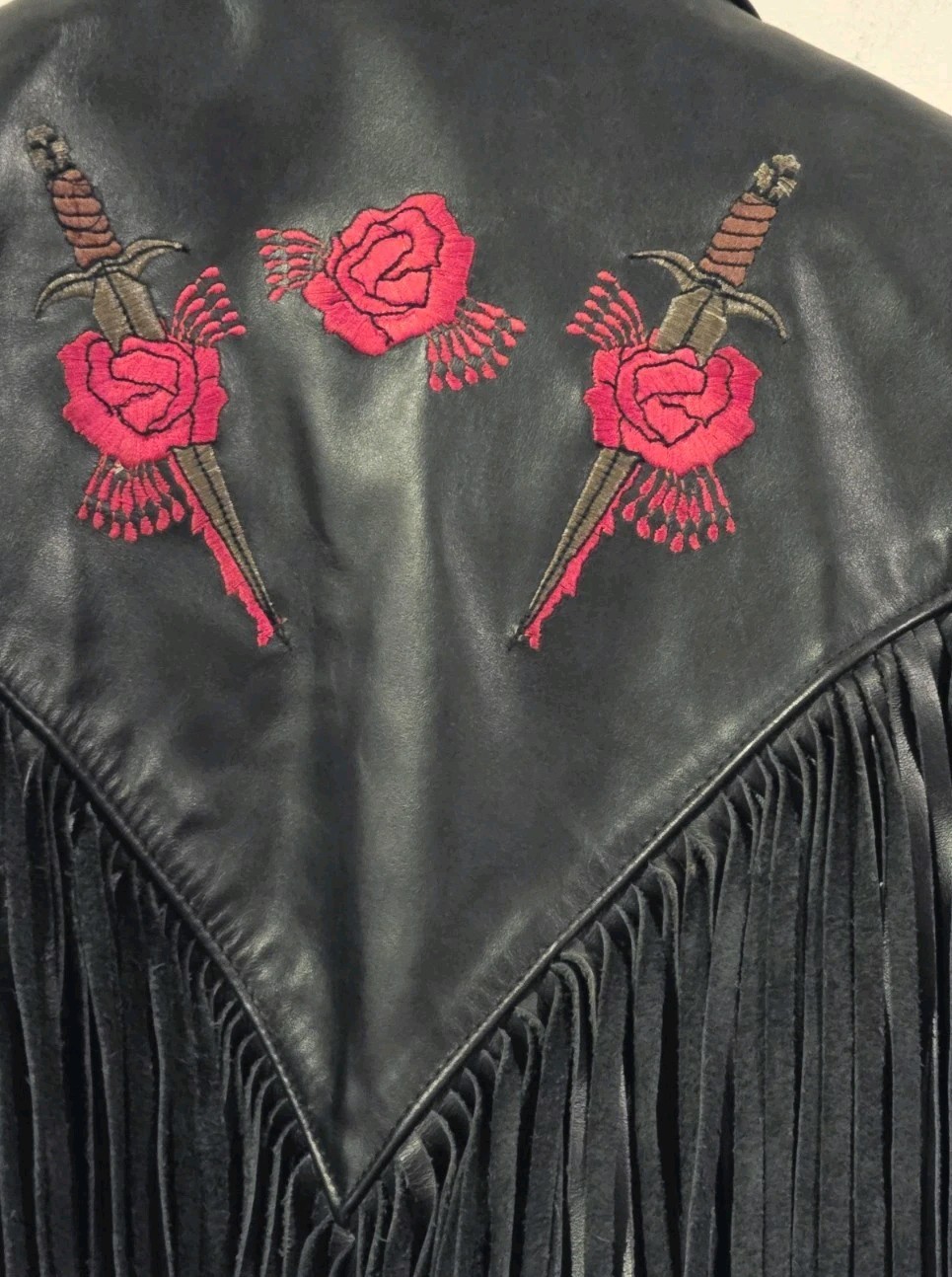 Vtg Park V Leather Fringe Moto Rockstar Jacket W/Rose Dagger Embroidery 10 USA🔥