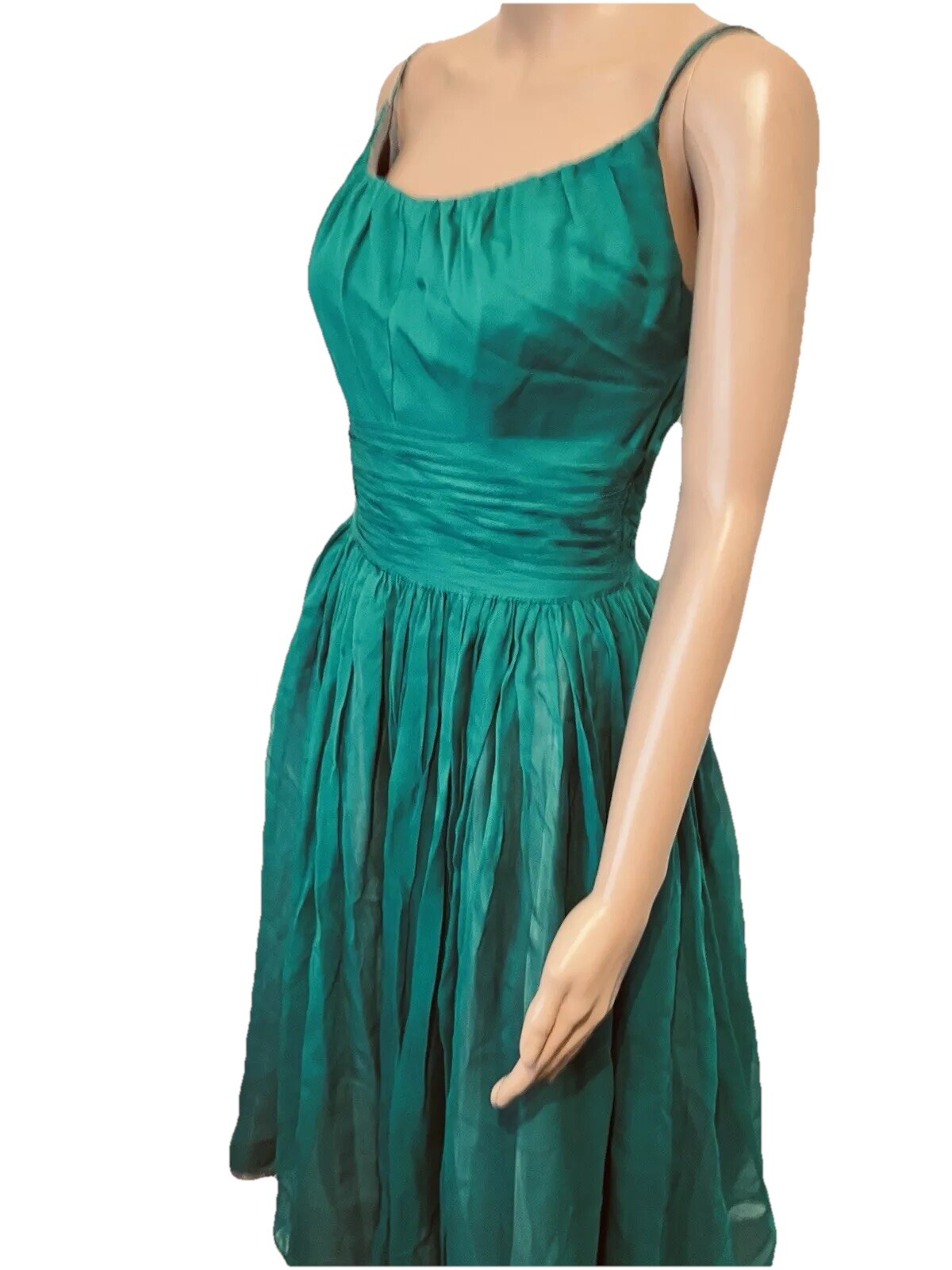 VTG 50s Emerald Green Cocktail Dress Bains Las Vegas Rhinestone Spaghetti Straps
