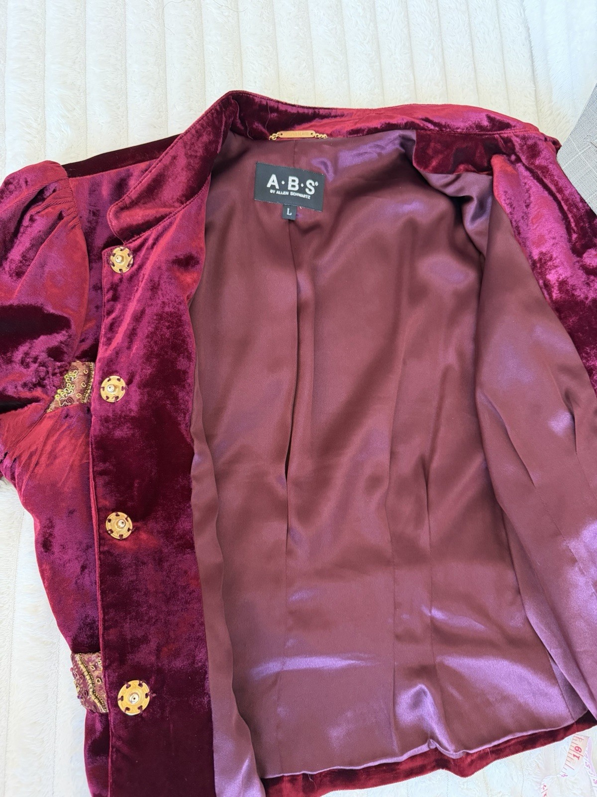 Vintage A.B.S by Allen Schwartz Burgundy Velvet Blazer Jacket W/ Embellishment L