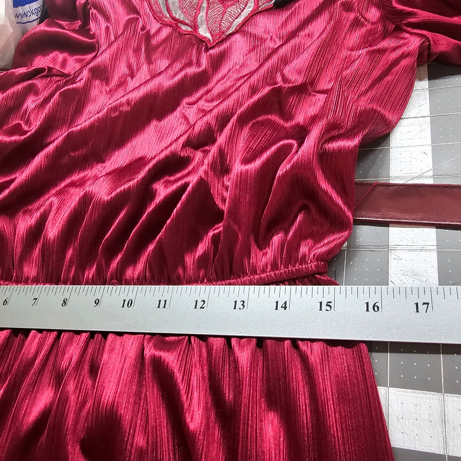 Vintage 80s Dress Womens Large Burgundy Silky Lace Glam Rock Party Retro