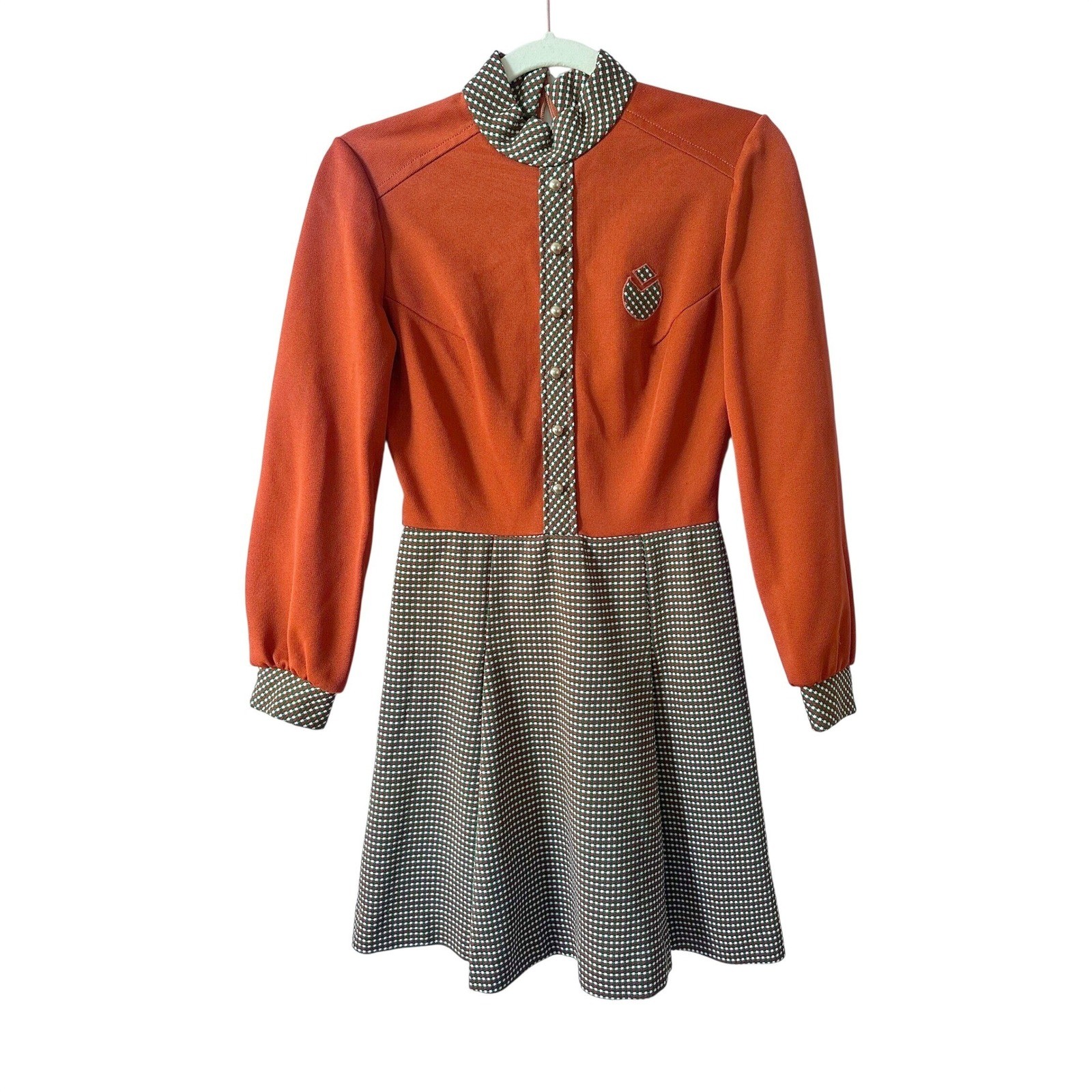 Vintage Gay Gibson 70s Mod Dress Houndstooth GoGo Retro Mock Neck XS Orange