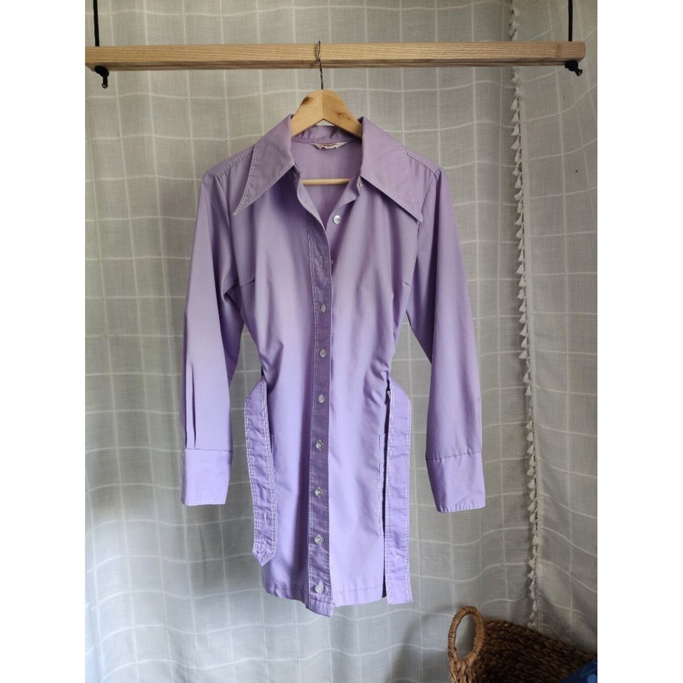 Vintage Lavender Shirt Dress with Belt | 70s Mod Button Front Mini Dress | Long
