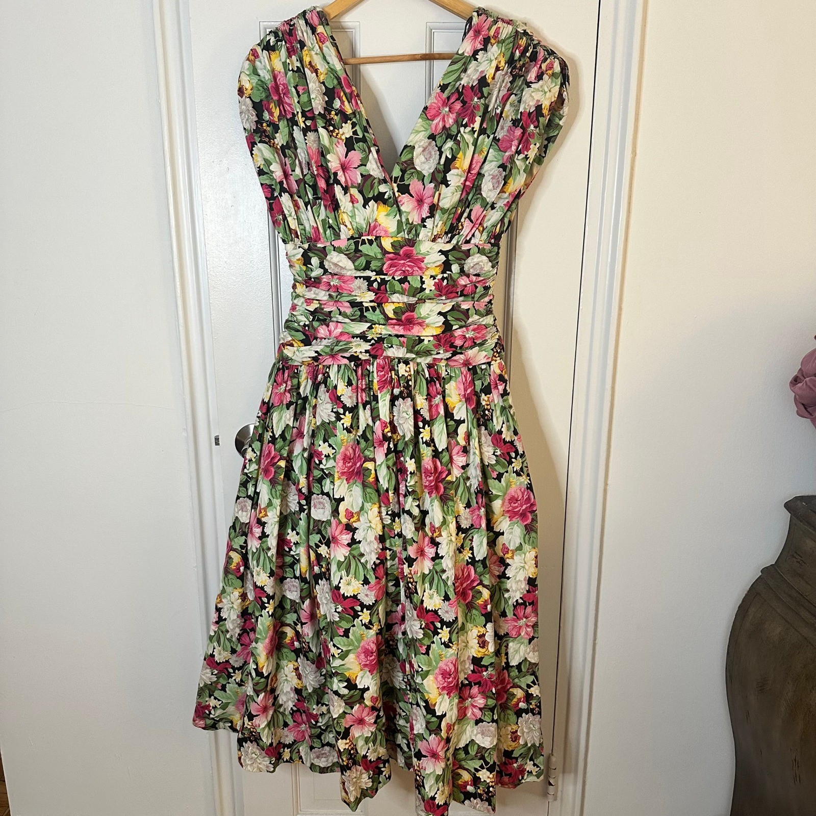 Vintage Patty O’Neil Ruched Floral Midi Tea Dress Petticoat 80s Cottagecore S