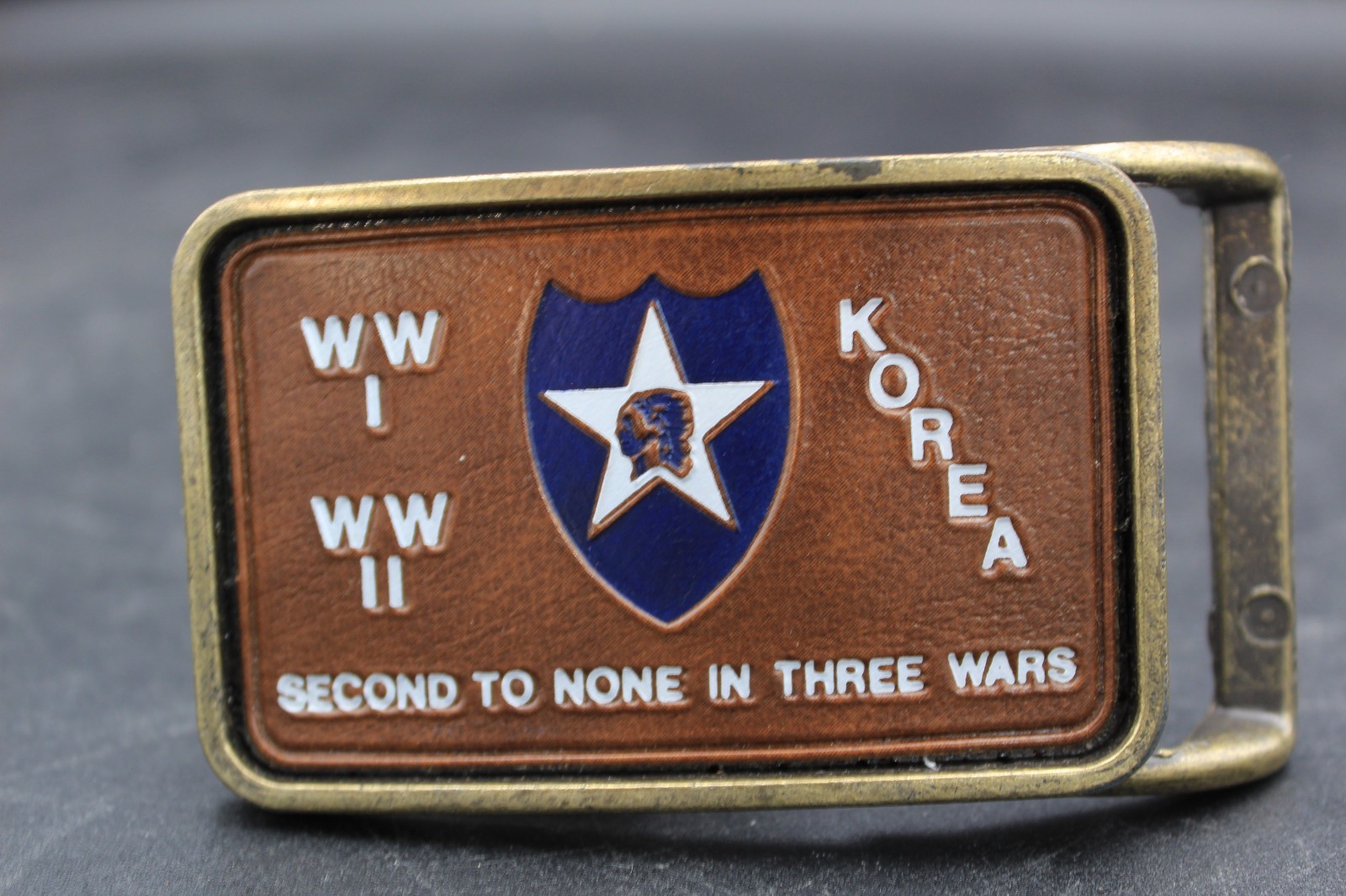 Military Style BELT BUCKLE “Second To None” Brass with leather inlay