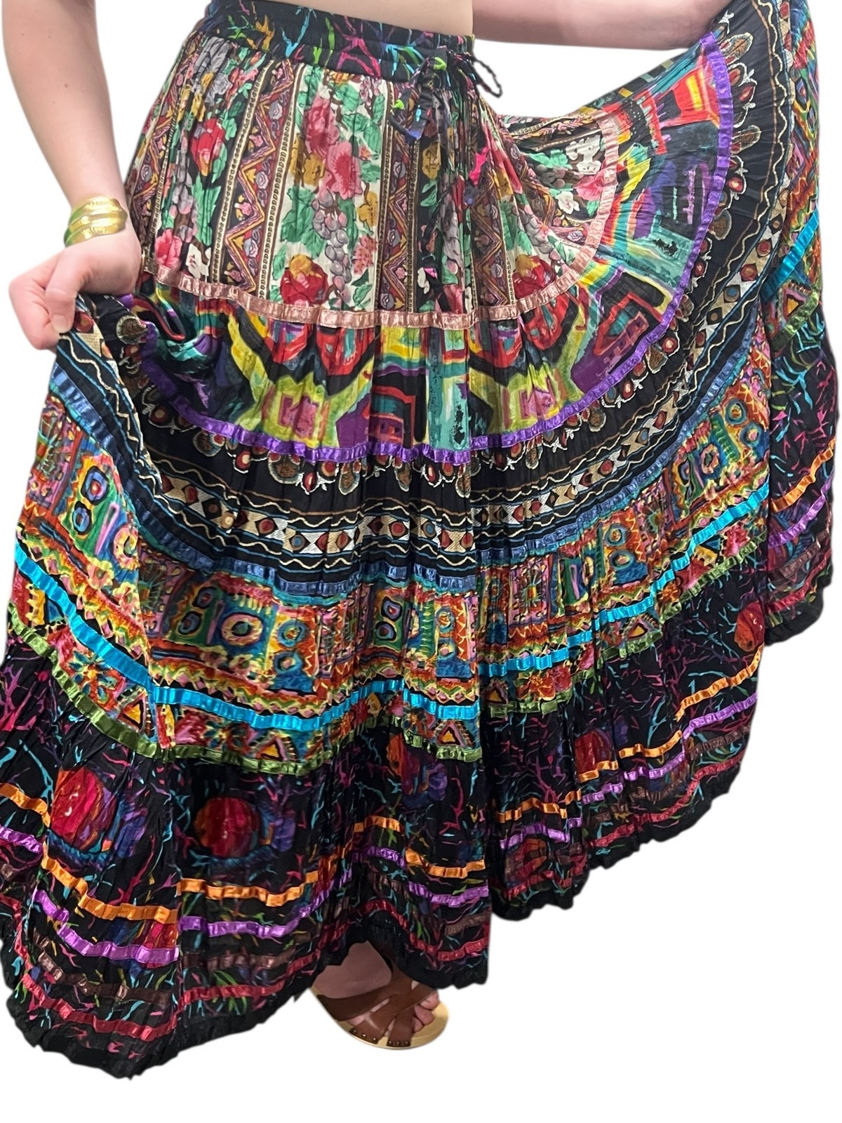 S Vtg 90s MAXI Skirt Broomstick INDIA COTTON Crinkle Tiered Peasant BOHO Gypsy