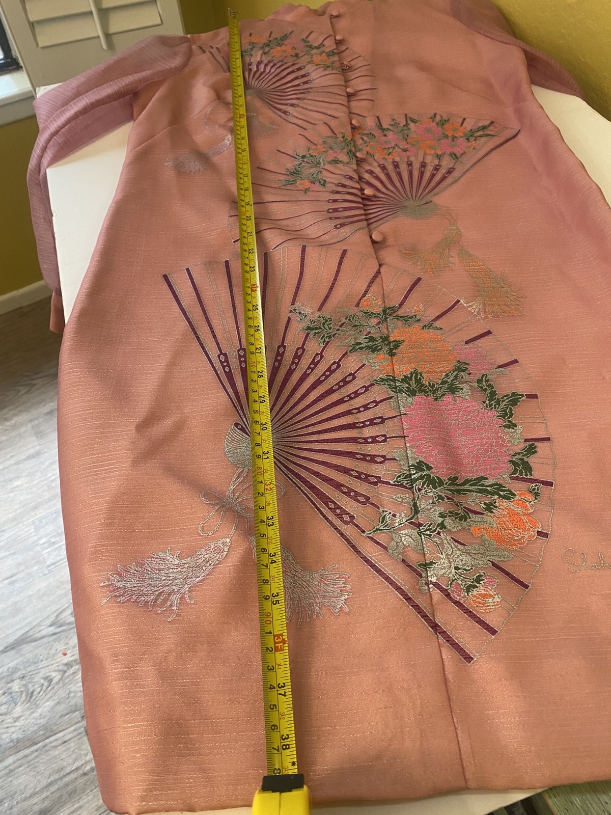 Vintage 60s 70s Alfred Shaheen Pink Fan Print Hostess Shift Dress Sheer Sleeve