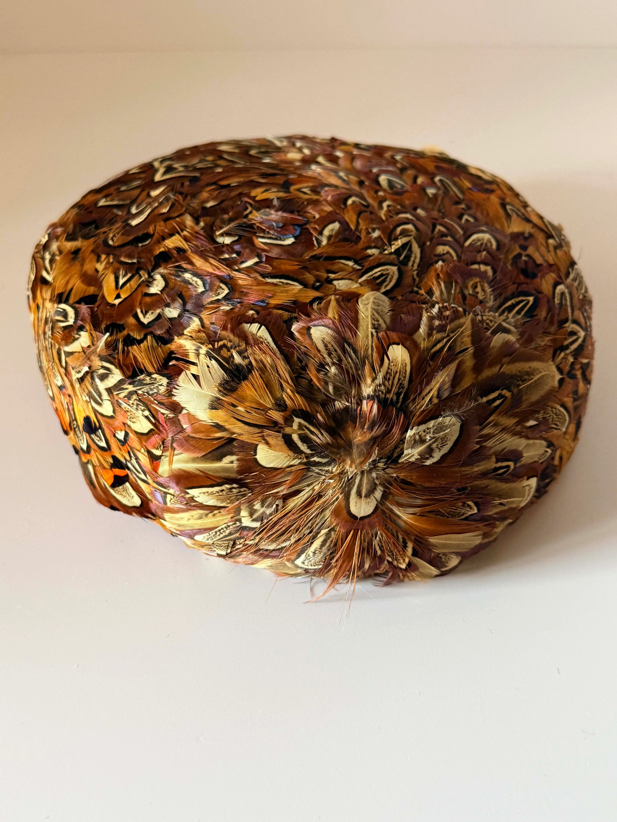 Vintage 1950s Pheasant Feather Pillbox Hat, Natural Feather Cocktail Hat, Brown