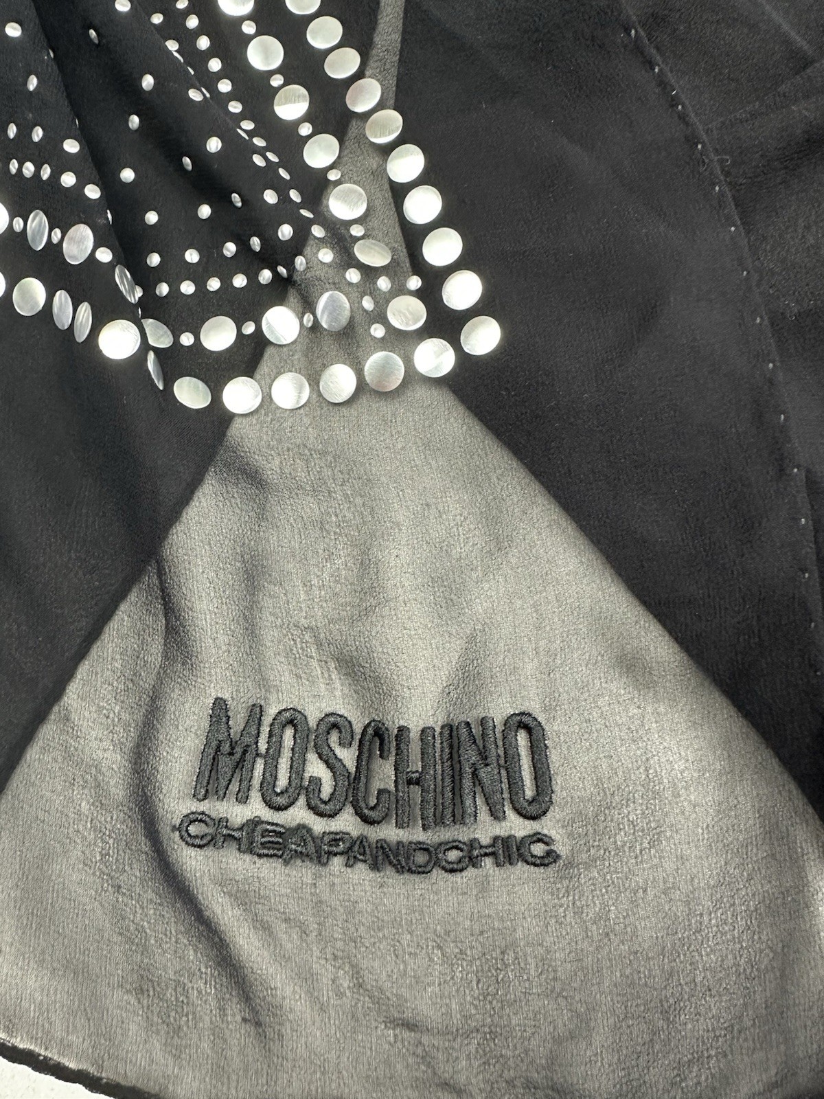 Moschino Cheap & Chic Black Silk Scarf With Studded Hearts