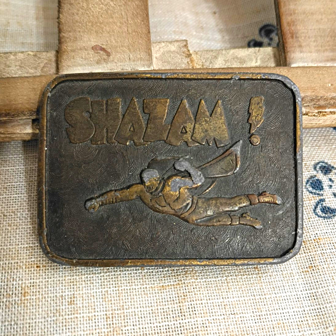 Vintage SHAZAM! Superhero Metal Belt Buckle, Classic Bronze Tone