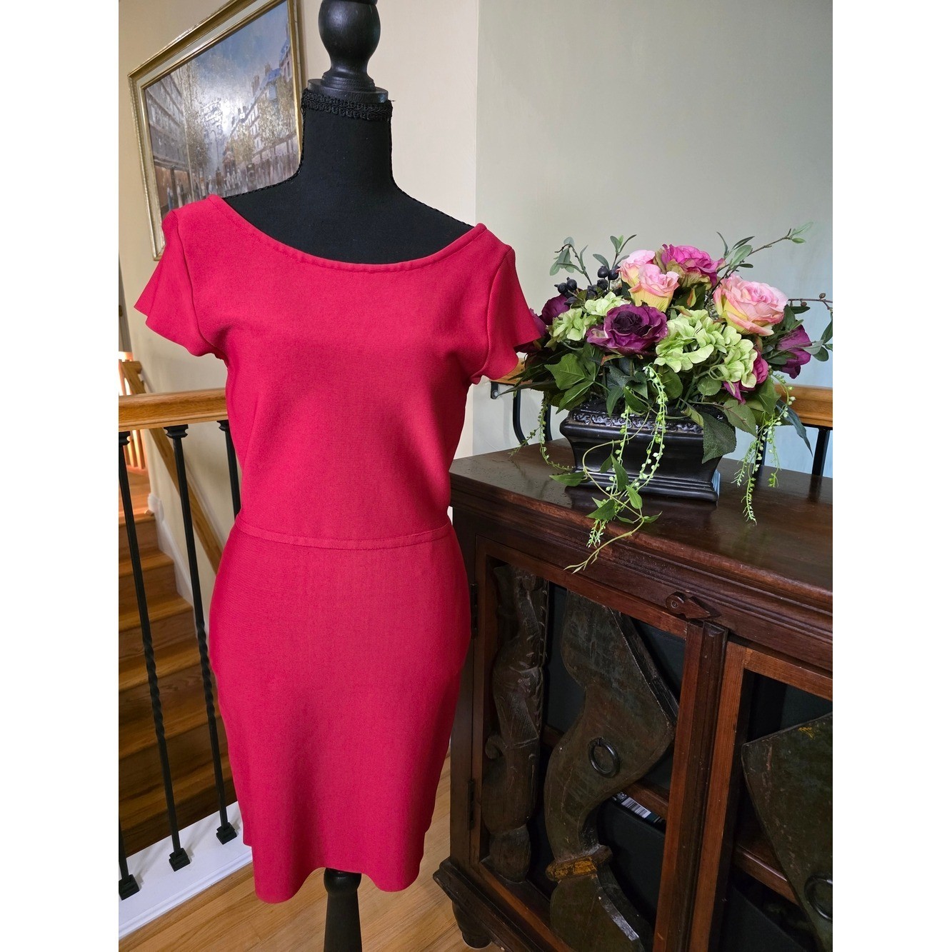 BCBGMaxAzria Vintage Raspberry Red Bodycon Boatneck Sheath Dress Size M