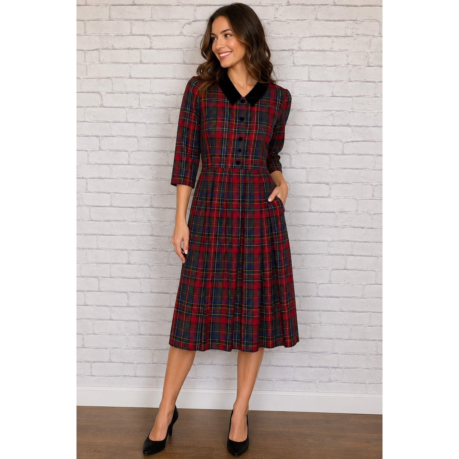 Miss Dorby Vintage Plaid Midi Dress Velvet Collar Red Green 16P Academia
