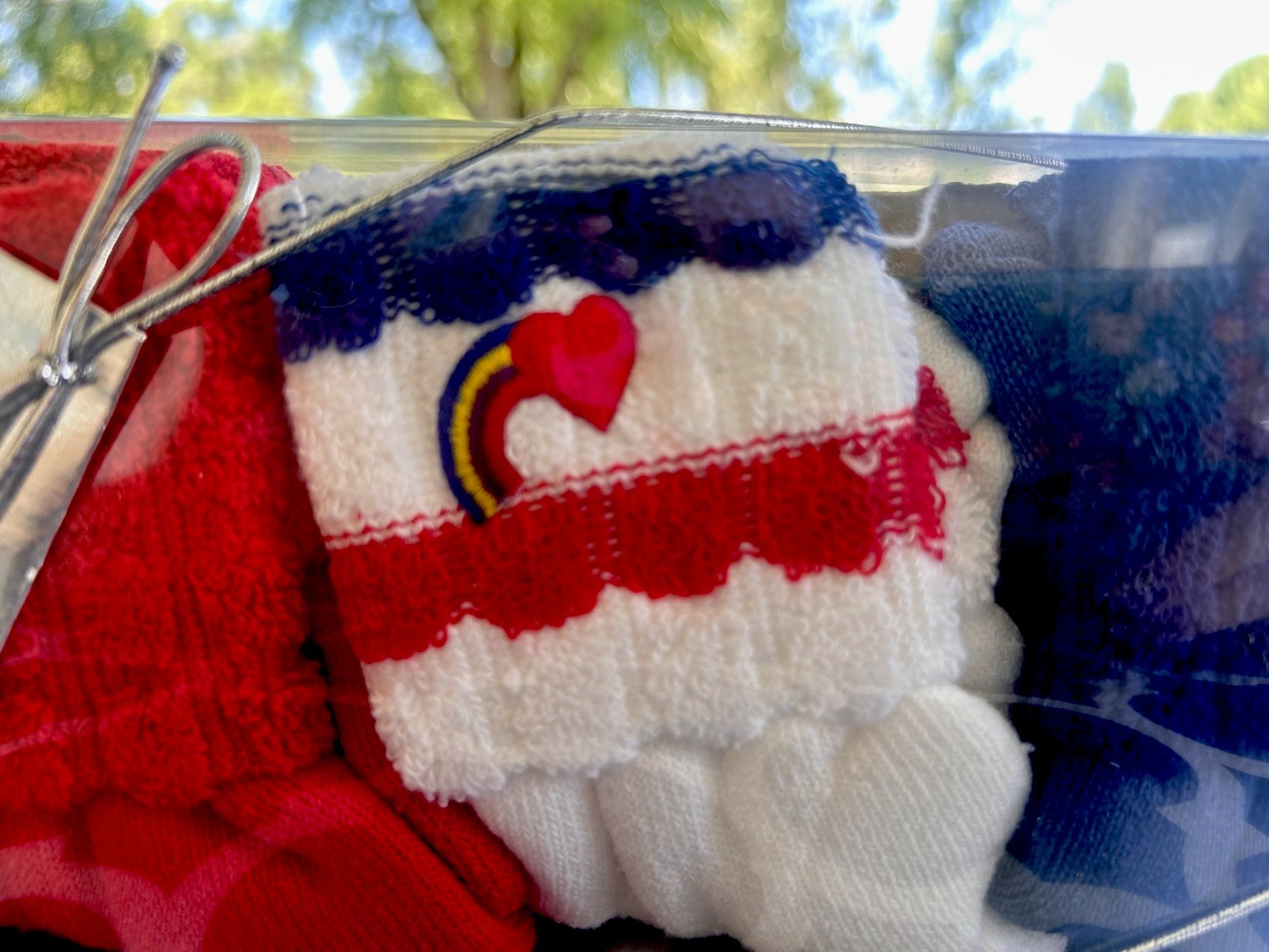 VTG Orig 80s Retro Ankle Cuffed Fashion Socks NOS Gift Box 3 Rainbow Embroidery