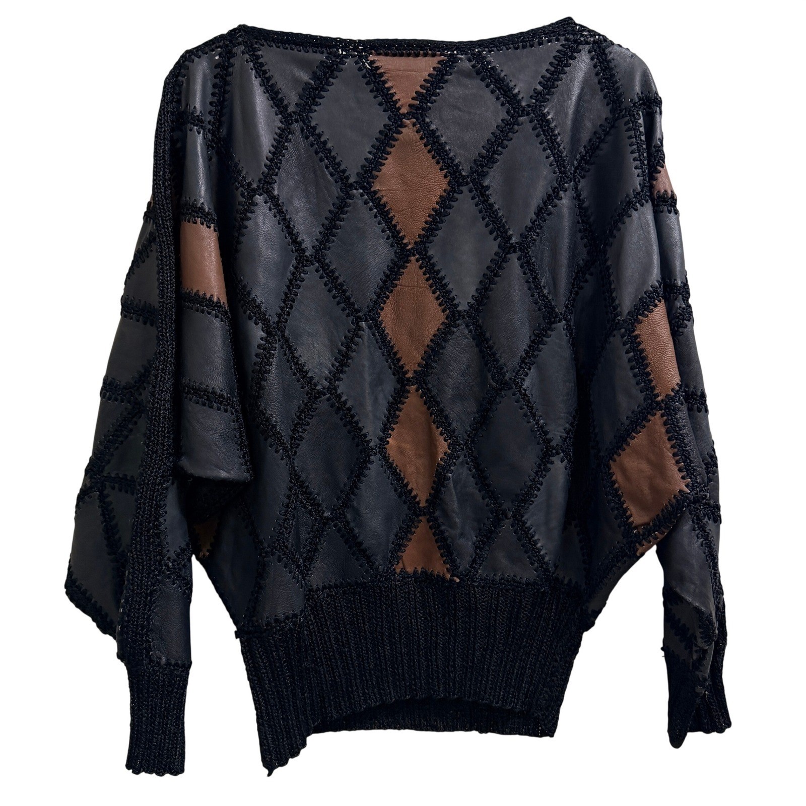 Vintage Leather Patchwork Sweater Diamond Knit Oversized Vintage Eclectic 80s