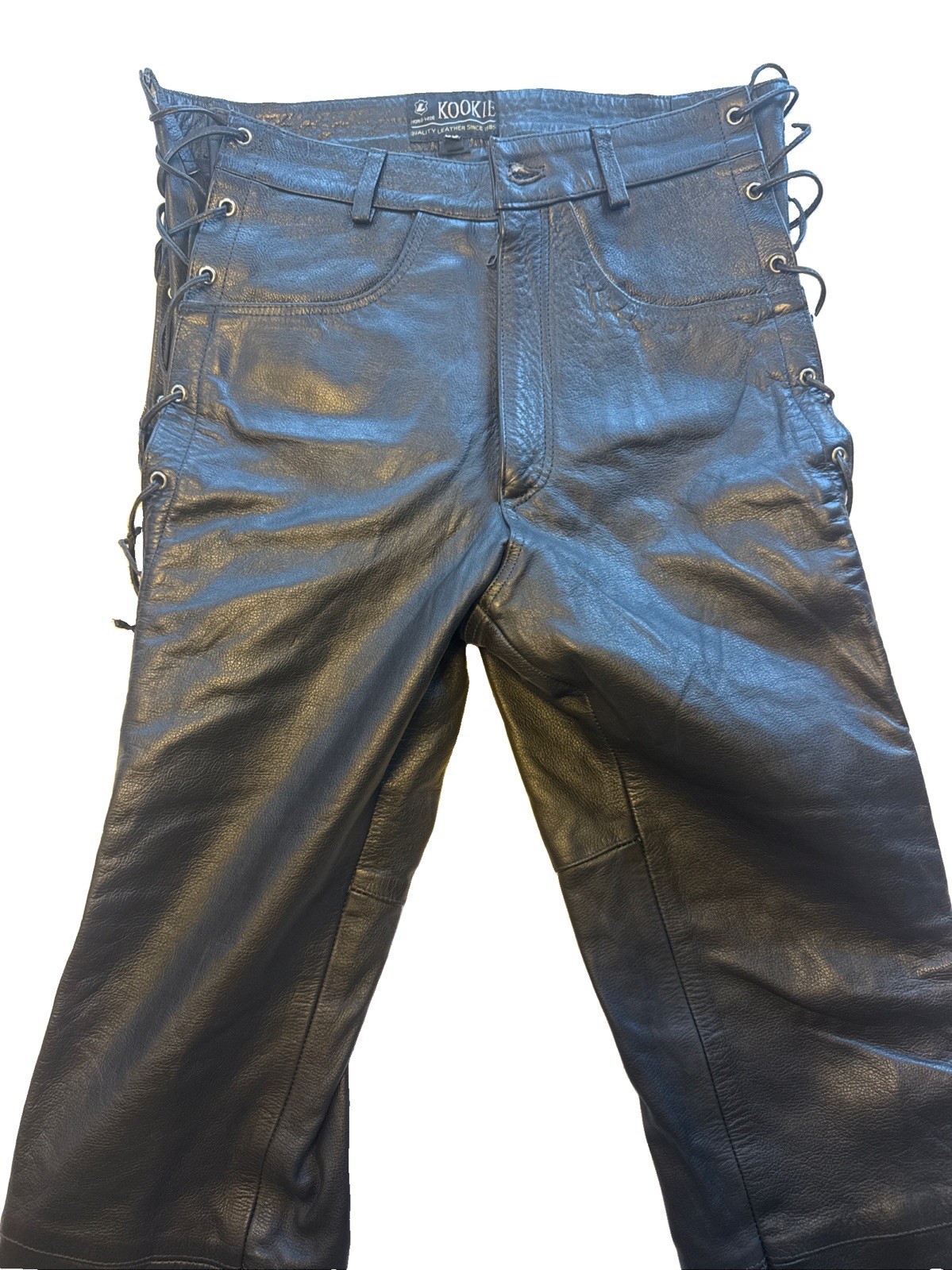 Vintage 80s/90s KOOKIE High-Waisted Leather Pants Tie Legs Size 33 Glam Rock