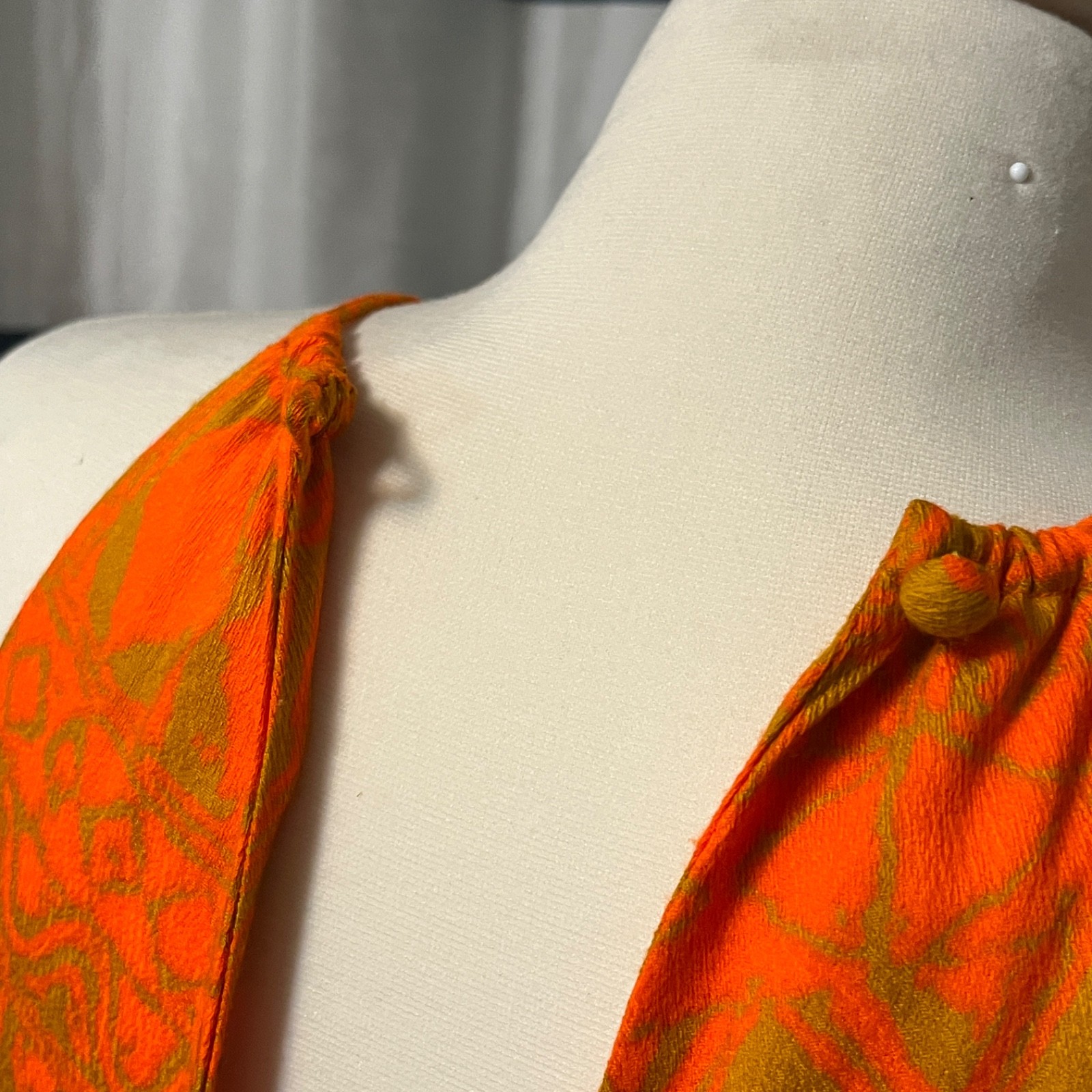 Vintage Dress Fumi Waikiki Maxi Midi Barkcloth Hawaiian 4 6 Long Lace-up Orange
