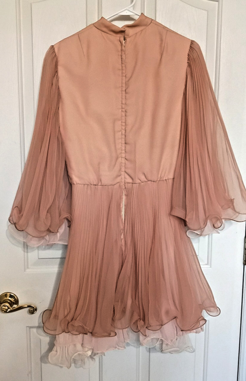 Vtg 60s Miss Elliette Coral Cocktail Dress Ruffled Chiffon Bell Sleeves Small