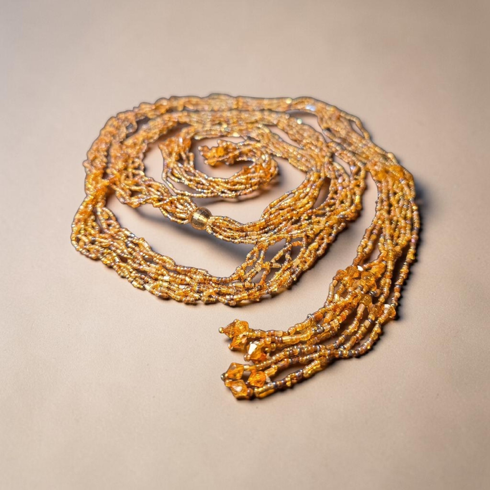 Vintage 64″ 10 Strand Amber Seed Bead Lariet Scarf Necklace Boho Tassel Long