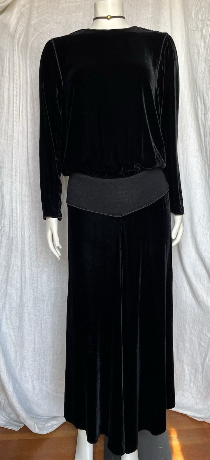 Vintage 70s Velvet Maxi Dress Black Drapey Blouson Boho Gothic Witchy 1970s Sml