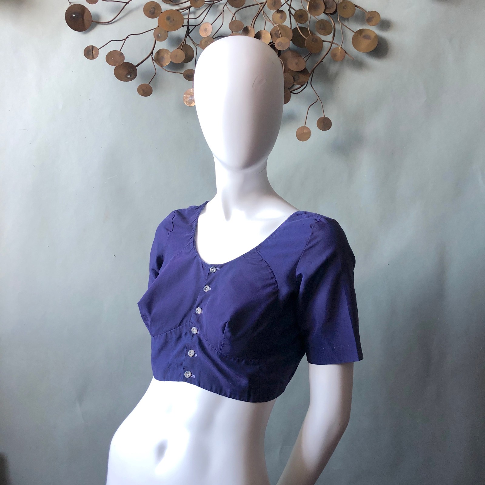 Vintage 1950s Blue Crop Top Playsuit Top Busty Midriff Sexy Rockabilly 38 Bust