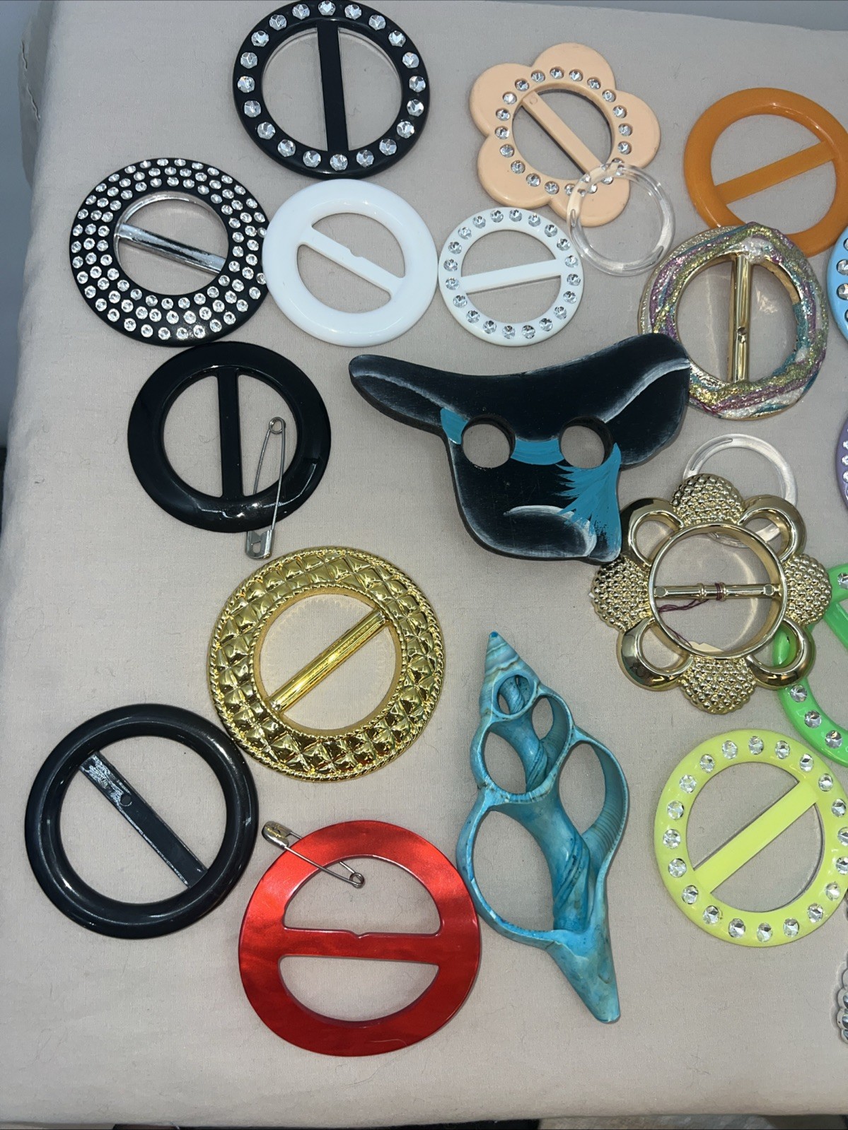 Vintage Lot Of 20 Belt Buckles Scarf Slides Metal Plastic Assorted
