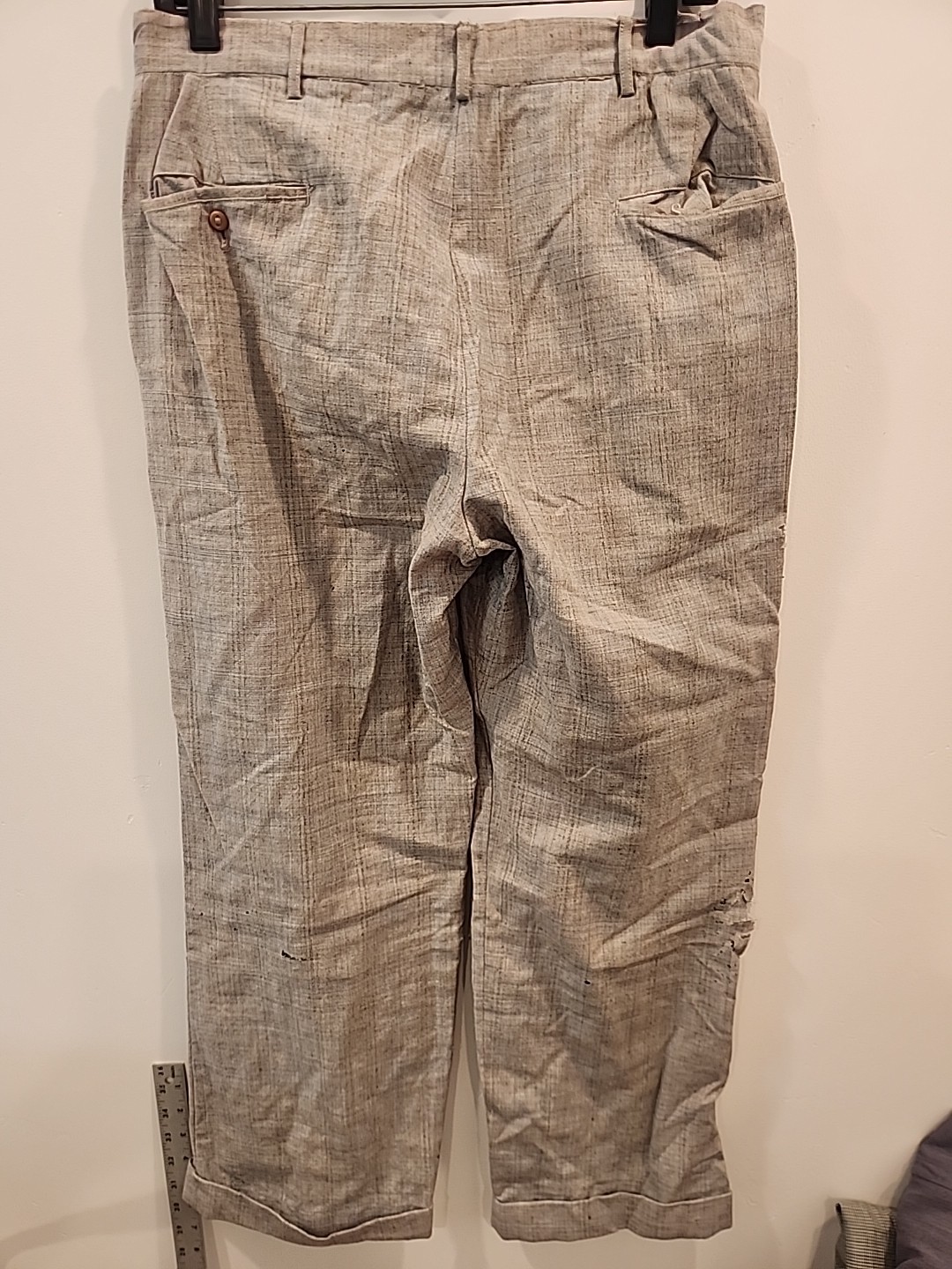 vintage gray/blue plaid 40’s 50’s pants lightweight 30 1/2″ w 28″L damaged