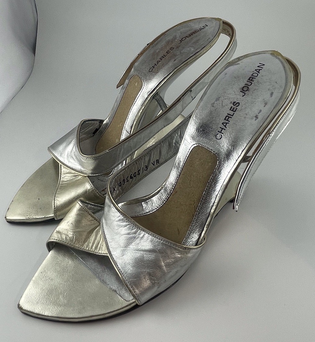 Vintage Charles Jourdan Silver Cantilever Metalic shoes Meteor Sling Back