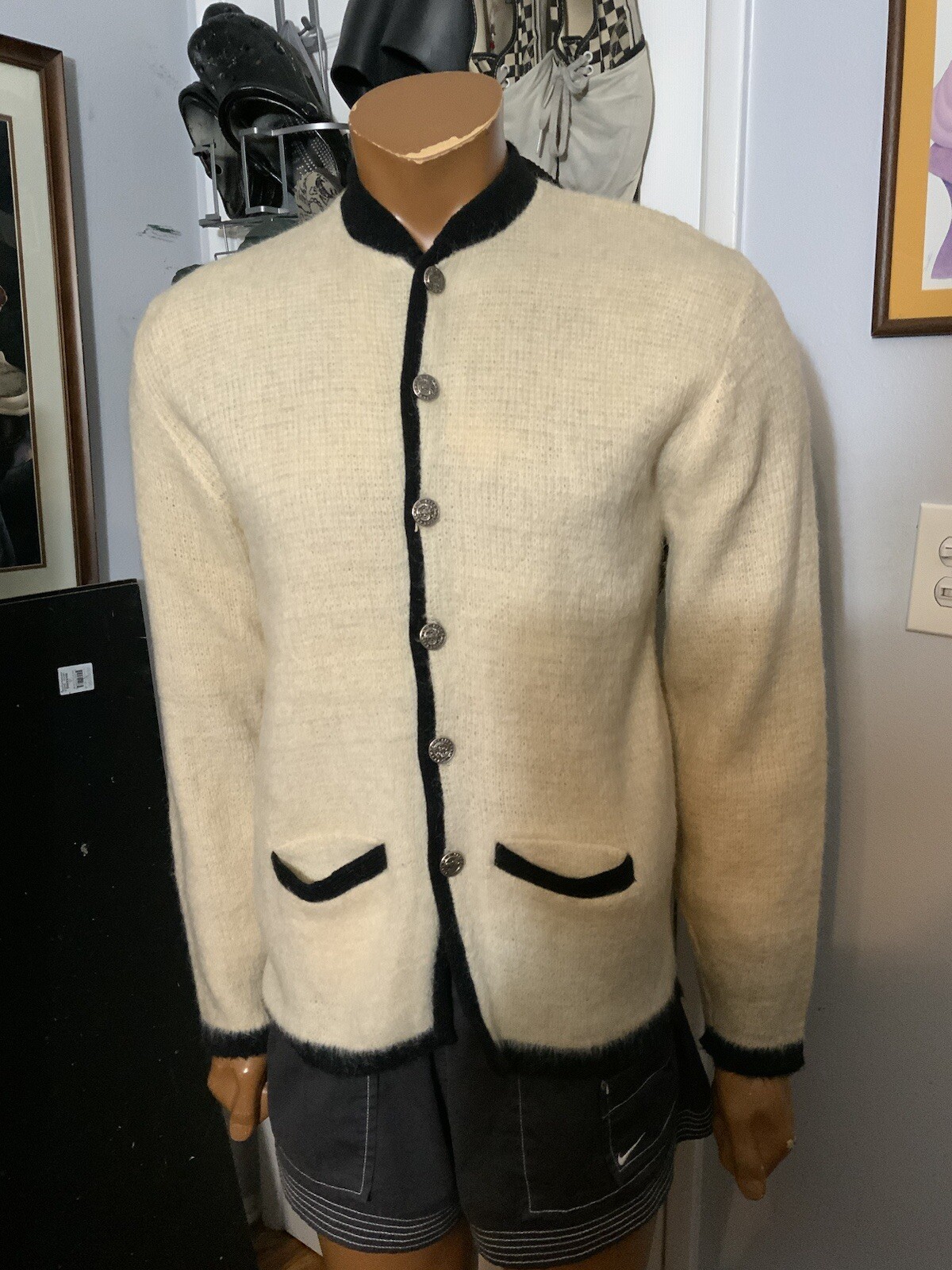 Vintage 60s Rob Scot Mohair Lambswool Hessian Soldier Button Cardigan Sweater LG