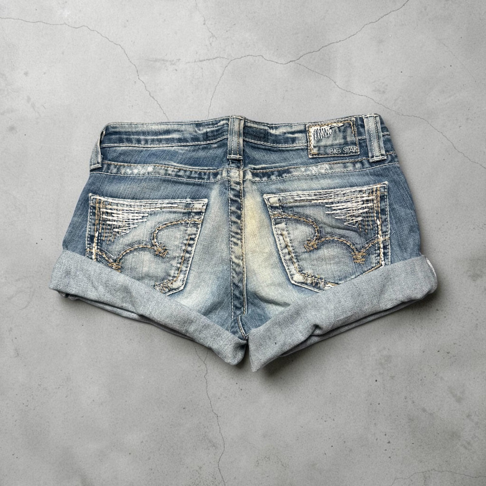 Big Star Denim Shorts Womens 26L Blue Rolled Cuff Embellished Pockets Casual