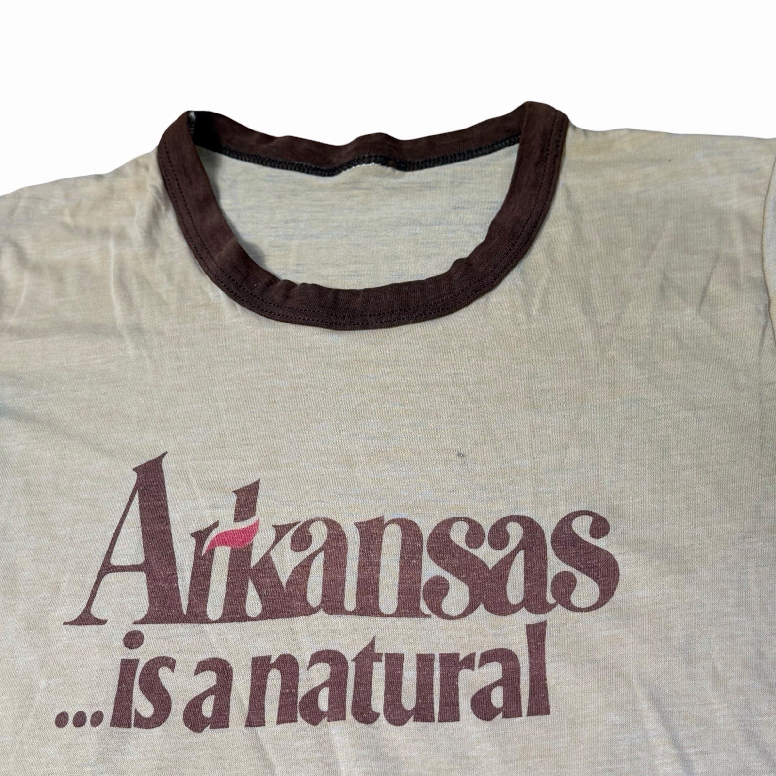 VINTAGE 70s 80s RINGER T-SHIRT Size Small 16”x25” Arkansas Is A Natural Tee